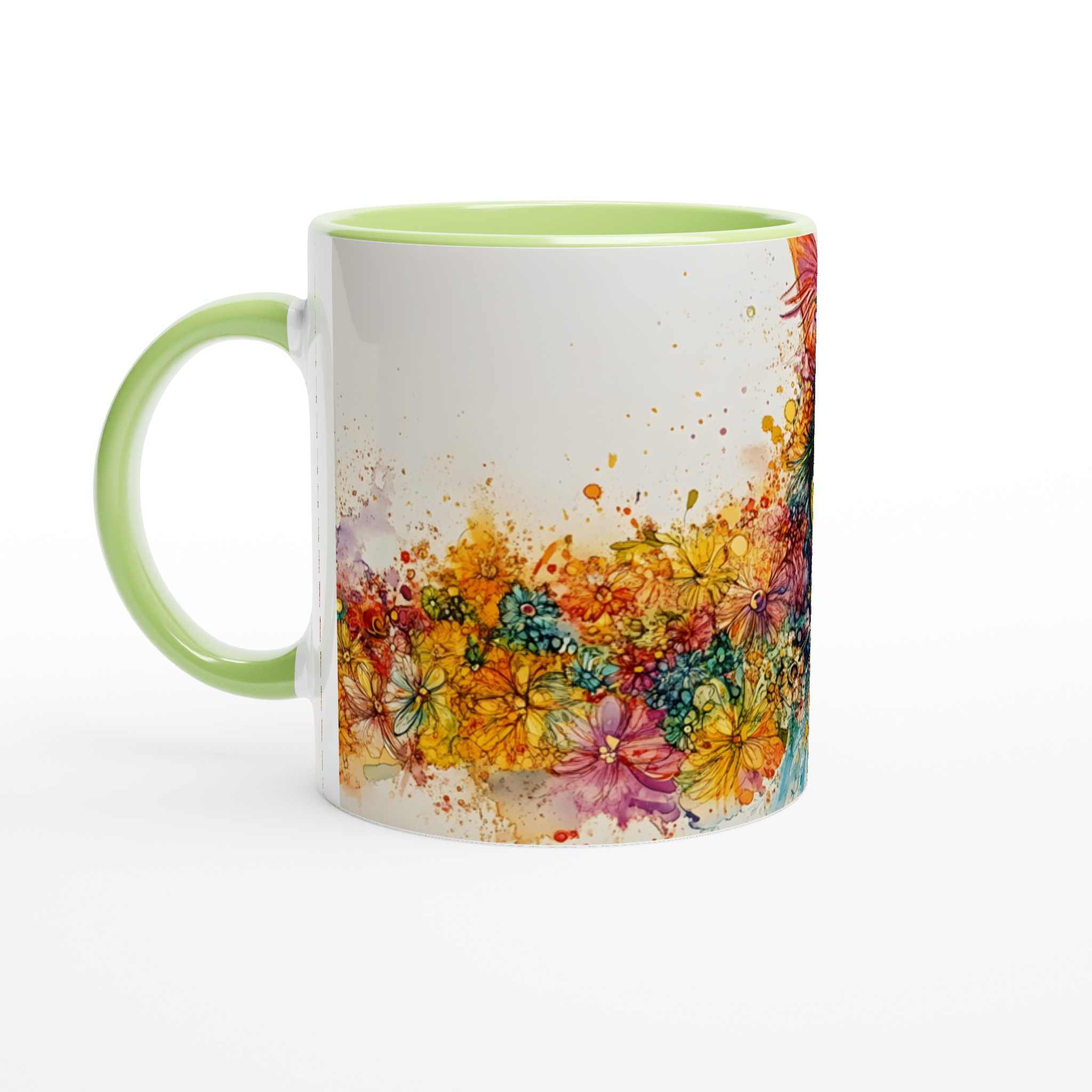Vit 11oz keramisk mugg med färgstarkt blomstrande kattmotiv – välj din färgstil 7 eb185e61-b8d3-40eb-9120-b56bdf14c1a2