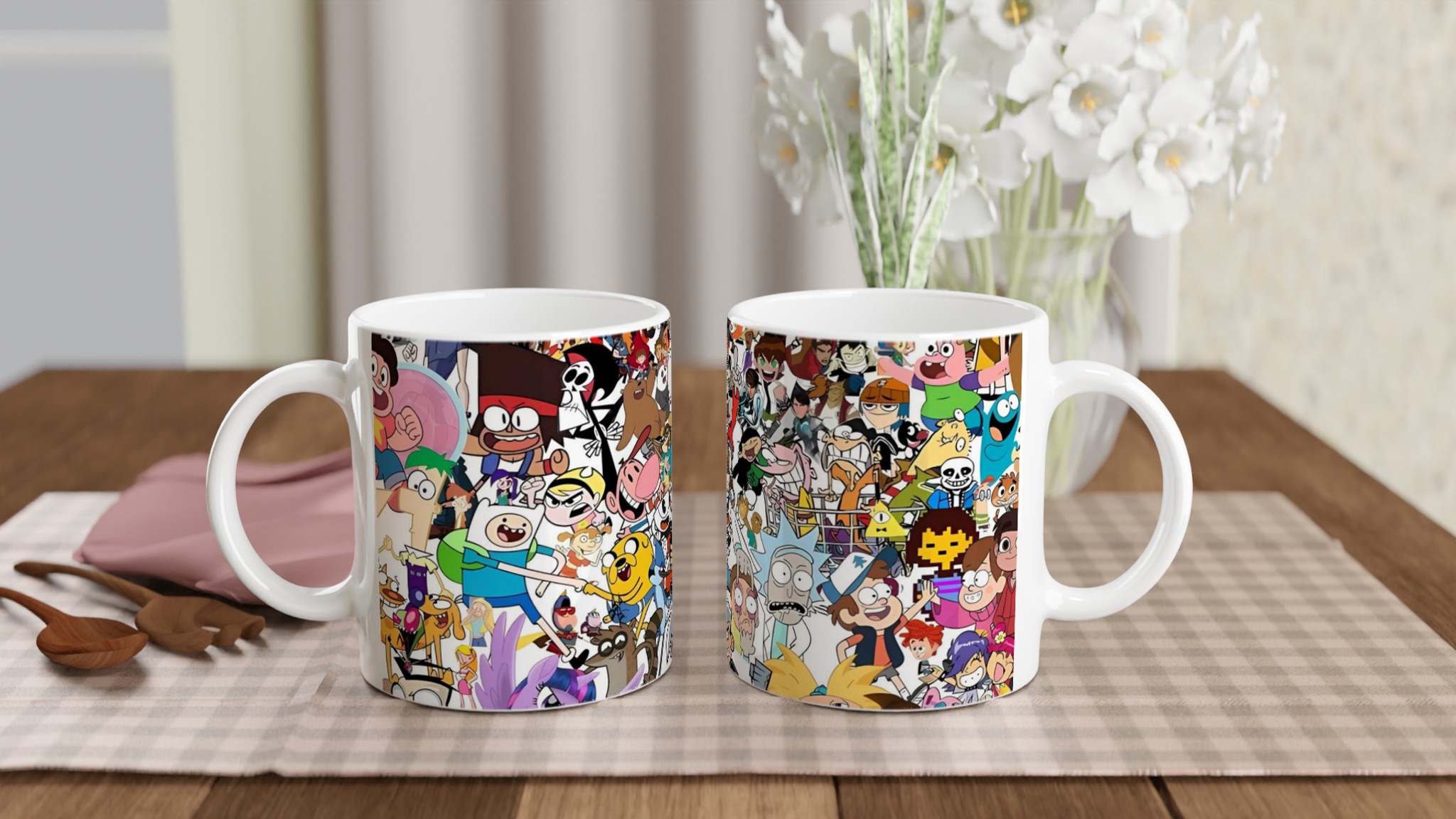 Vit 11oz keramisk mugg med färgstark cartoon-collage – välj din favoritfärg för unik stil 11 ec1eb1ff-d26c-47d5-a80f-c3fe7db39955