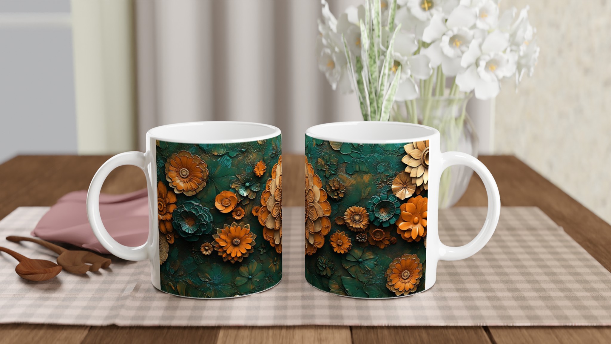 Mönstrad 11oz Keramisk Mugg - Blommönster i Bränd Orange och Teal 10 eca039c7-fe8f-4e56-9cab-b3891625b87d