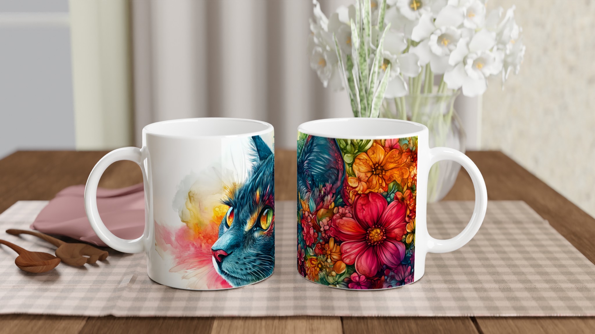 Färgsprakande Katt & Blomstermugg – 11 oz keramisk mugg för konstälskare 10 ecece2f7-46ff-432e-9d3c-168a622546de