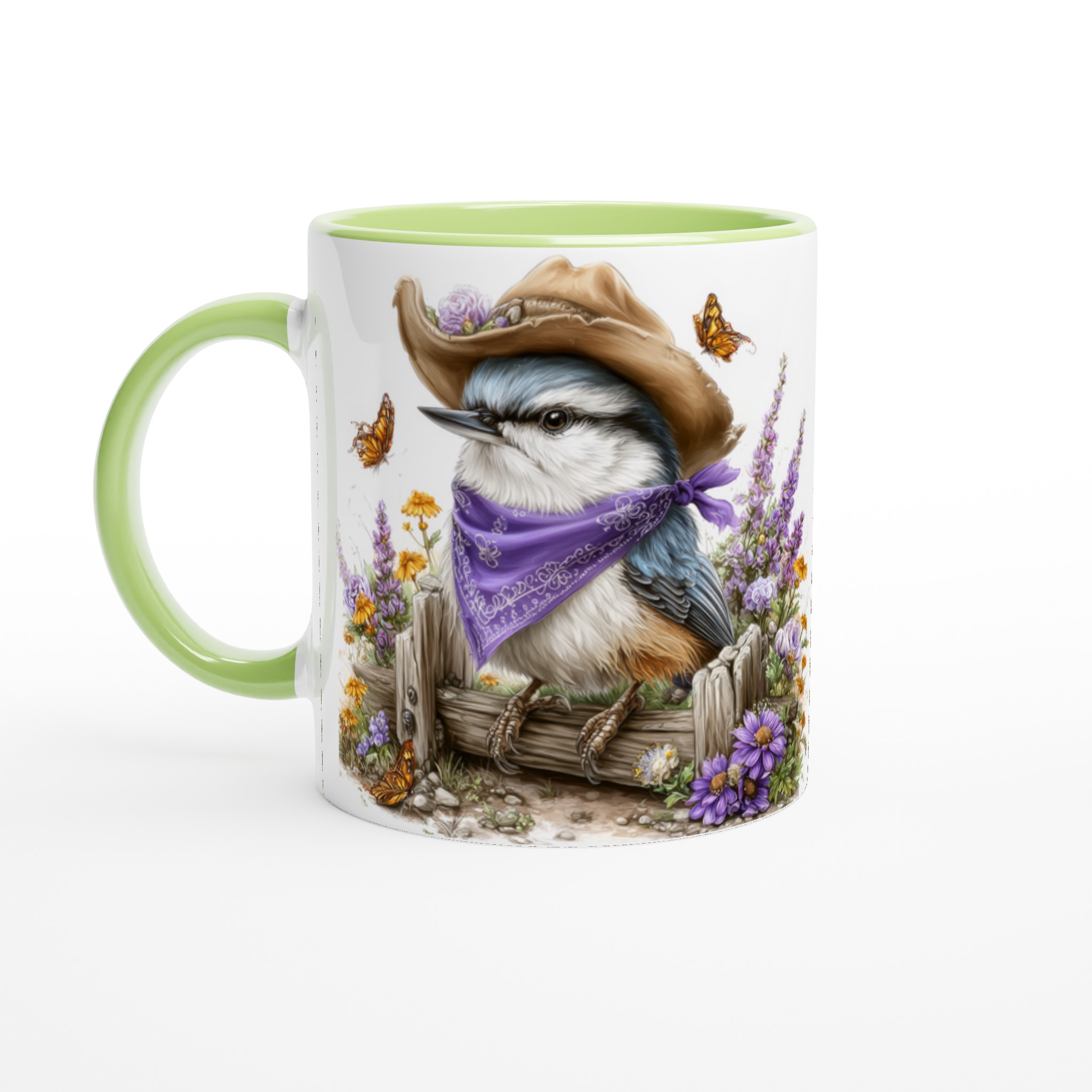 Vit 11oz keramisk mugg med charmig fågel i cowboyhatt – välj bland sju dekorativa färger 7 ed65917b-e44b-4406-b119-5c986386d2dc