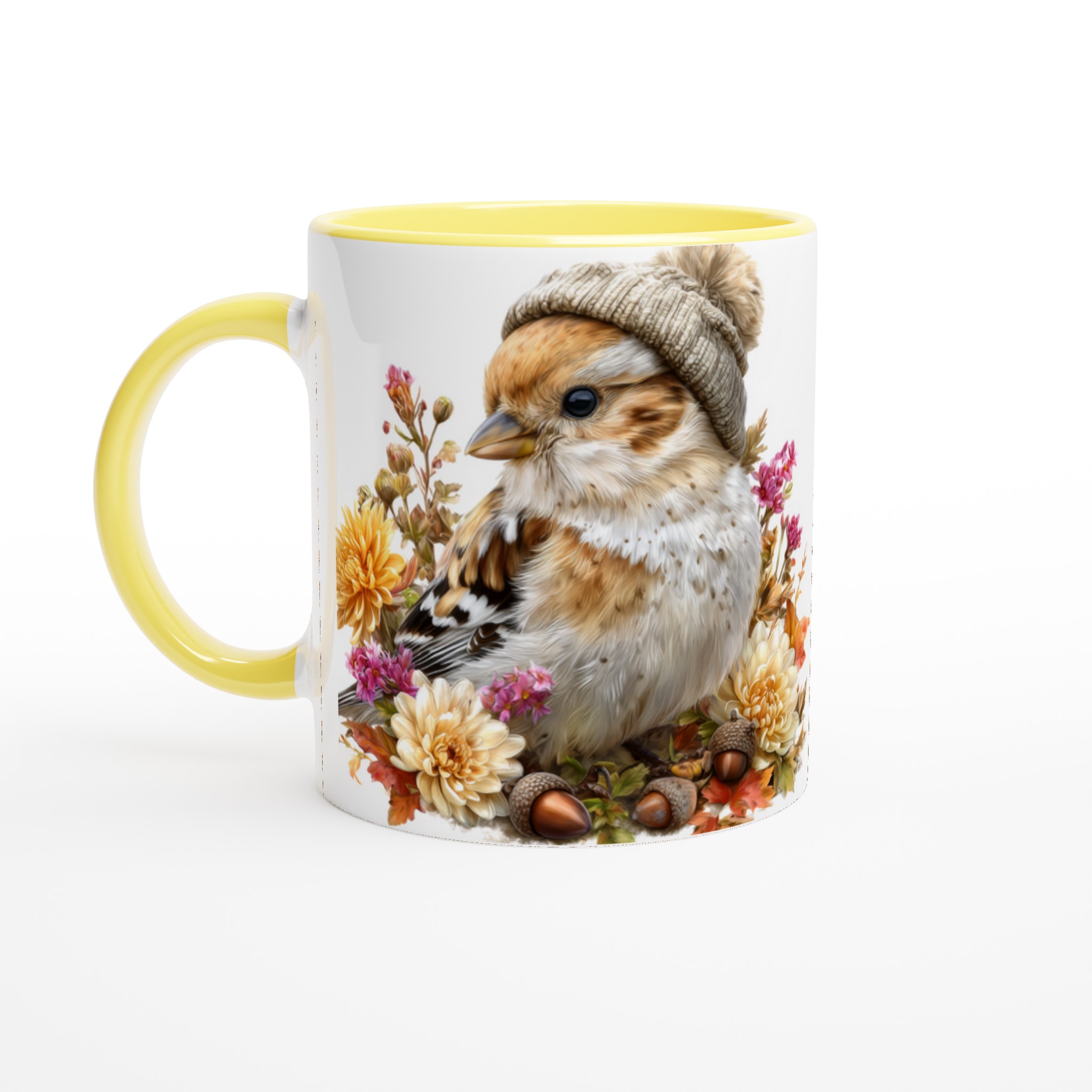 Vit 11oz keramisk mugg med charmig vinterfågel och blommor – välj bland sju färgstarka keramiktoner 3 ed8628aa-a8fe-44ab-88e1-24496bc1744c