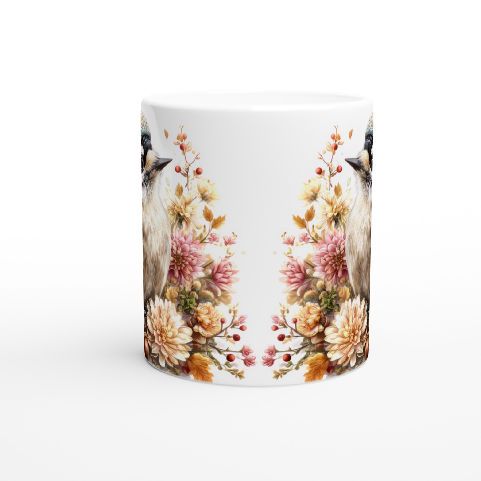 Vit 11oz keramisk mugg med charmigt fågelmotiv och varm höstpalett 8 ed86f82e-6e44-4654-b6e8-594e8b5d5953