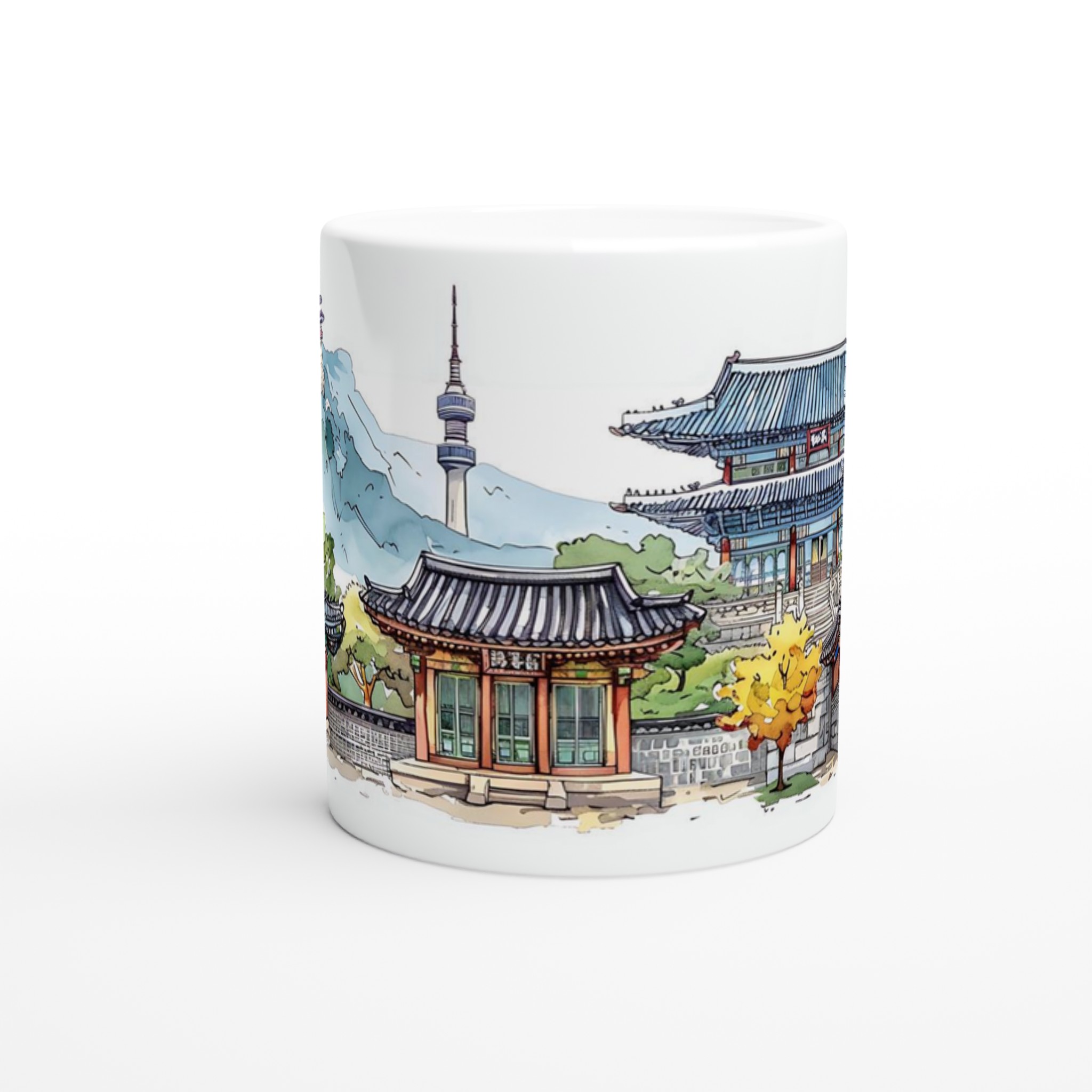 Seoul Skyline Akvarellmugg – Koreansk Arkitektur & Bergmotiv, 11oz Keramisk Mugg i Valfri Färg 8 ee921542-f62c-46be-b545-d382fa3edb9b