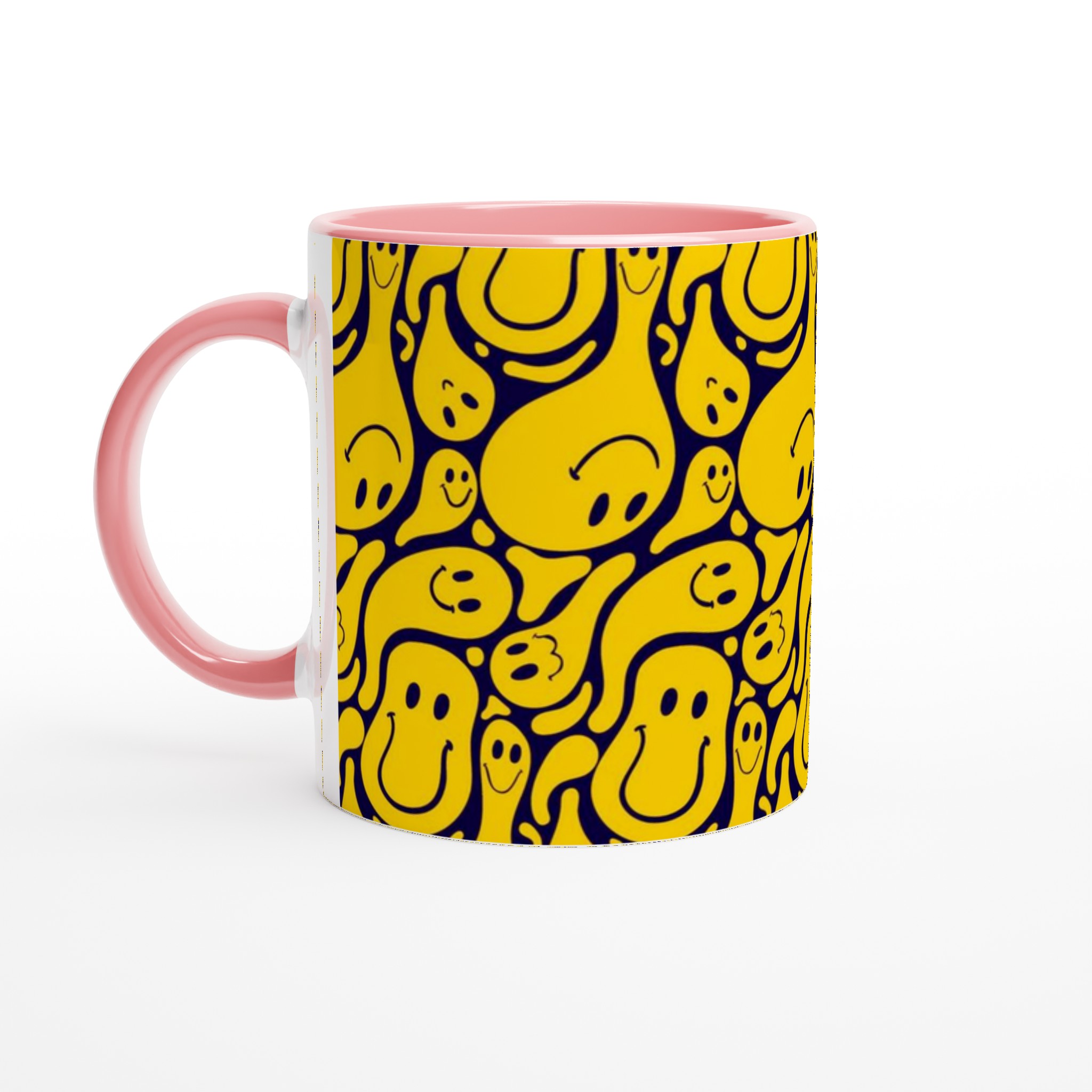 Vit 11oz keramisk mugg med lekfulla gula smileys – välj bland sju livfulla färger 6 eeded3e1-d221-450d-8015-1d471da81320
