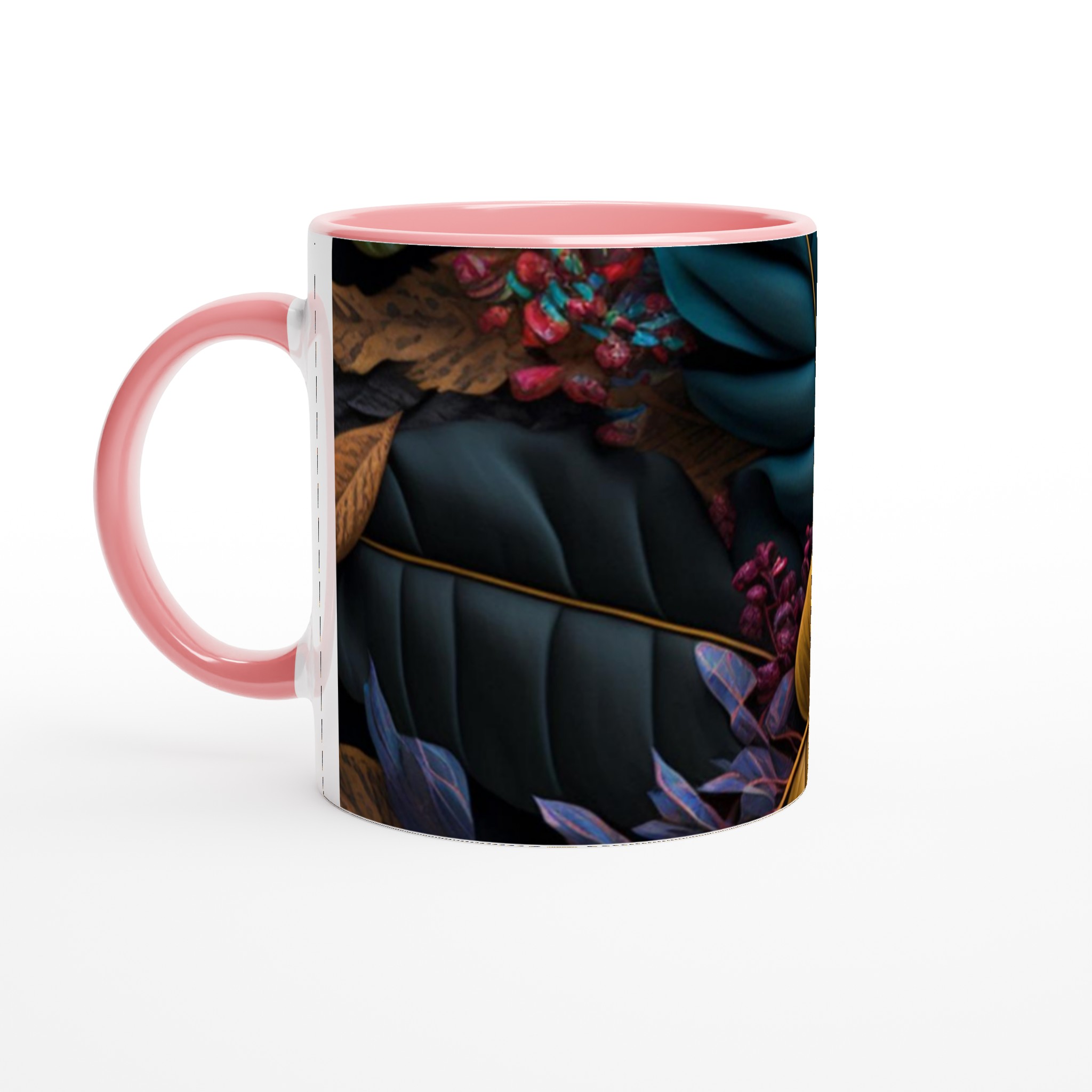 Vit 11oz keramisk mugg med konstnärligt bladmotiv i eleganta färger 6 ef790f8b-6f7b-4783-9ffb-d034b2d21384