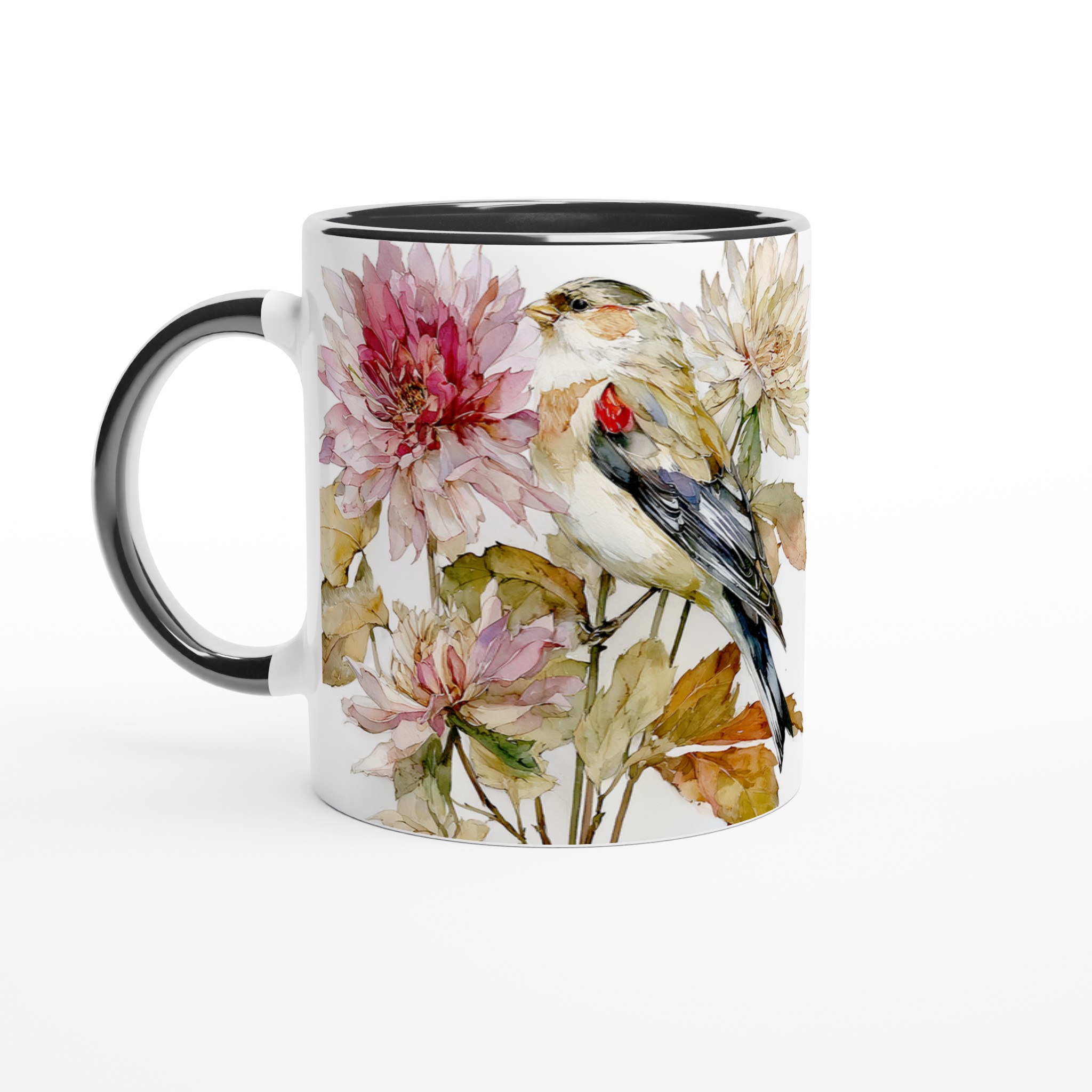 Vit 11oz keramisk mugg med elegant fågel och blomsterkonst i balanserade pastelltoner 4 efe5f60c-224e-464f-a1a1-2ba1a12ba6f7