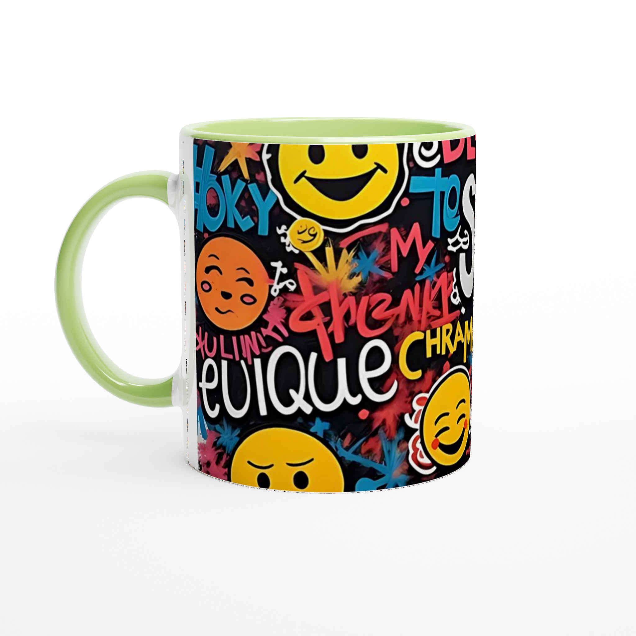 Vit 11oz keramisk mugg med färgstarkt graffiti- och emoji-motiv i flera keramiska färger 7 eff5bd16-ed3d-4262-96aa-e111aabc9e98