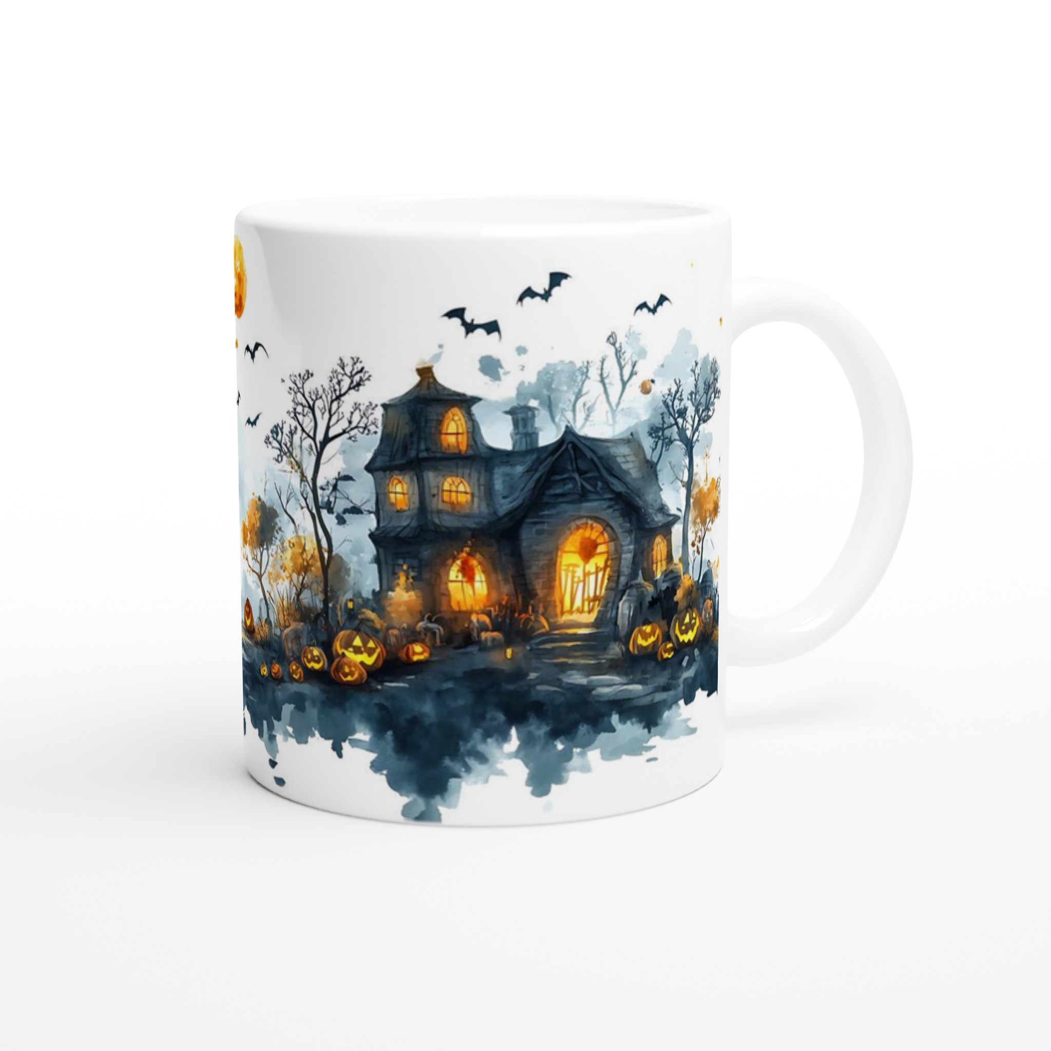 Spooky Halloween Haunted House Mugg - Akvarellstil med Lysande Pumpor och Fladdermöss 9 f10d7271-2be1-4ba7-abbd-57ae337c0131