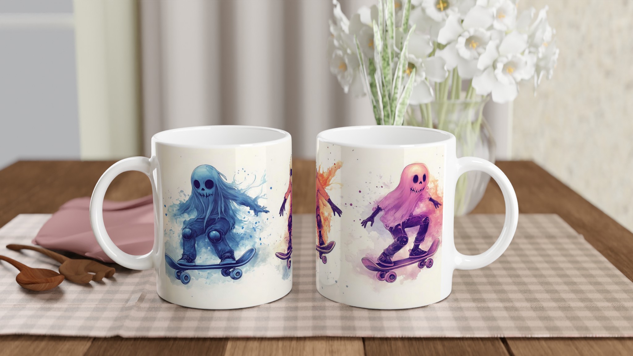 Skate Ghost Watercolor Mug - Spooky Skater Design in Vibrant Hues, 11oz Keramisk Mugg 10 f1b6fe52-7f4c-4f4b-a54d-35db66ea3ff7