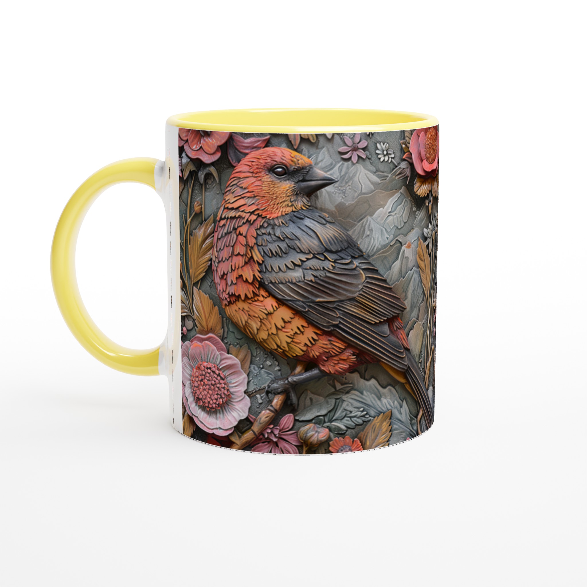 Vit 11oz keramisk mugg med elegant fågel- och blommotiv – välj bland sju charmiga färger 3 f1e34280-979a-4879-8c32-29e6a23d34ba