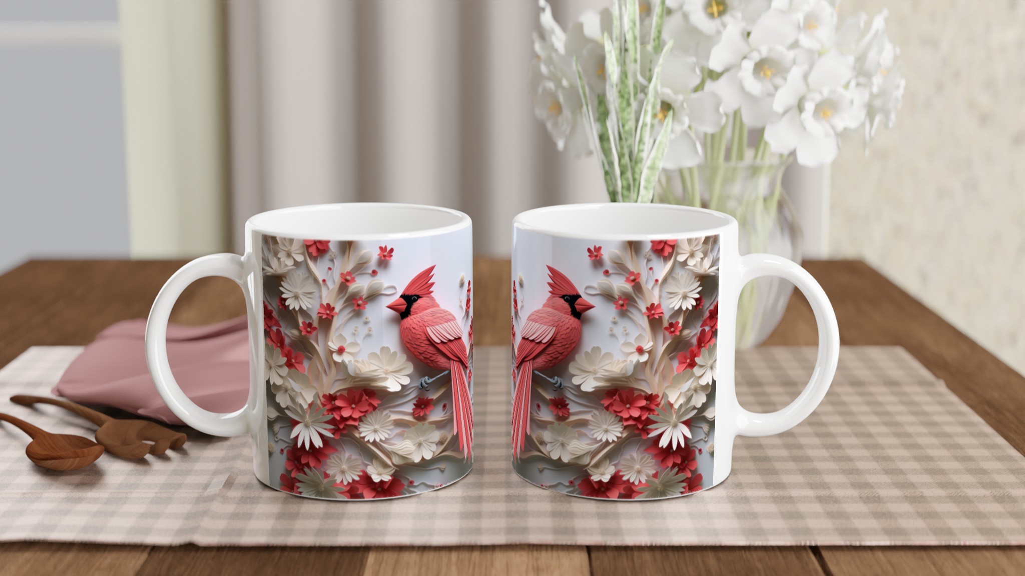 Vit 11oz keramisk mugg med elegant röda kardinaler och blommor – välj din favoritfärg 10 f2590d00-79a1-4ff9-9eaa-ff1cbaf619e8