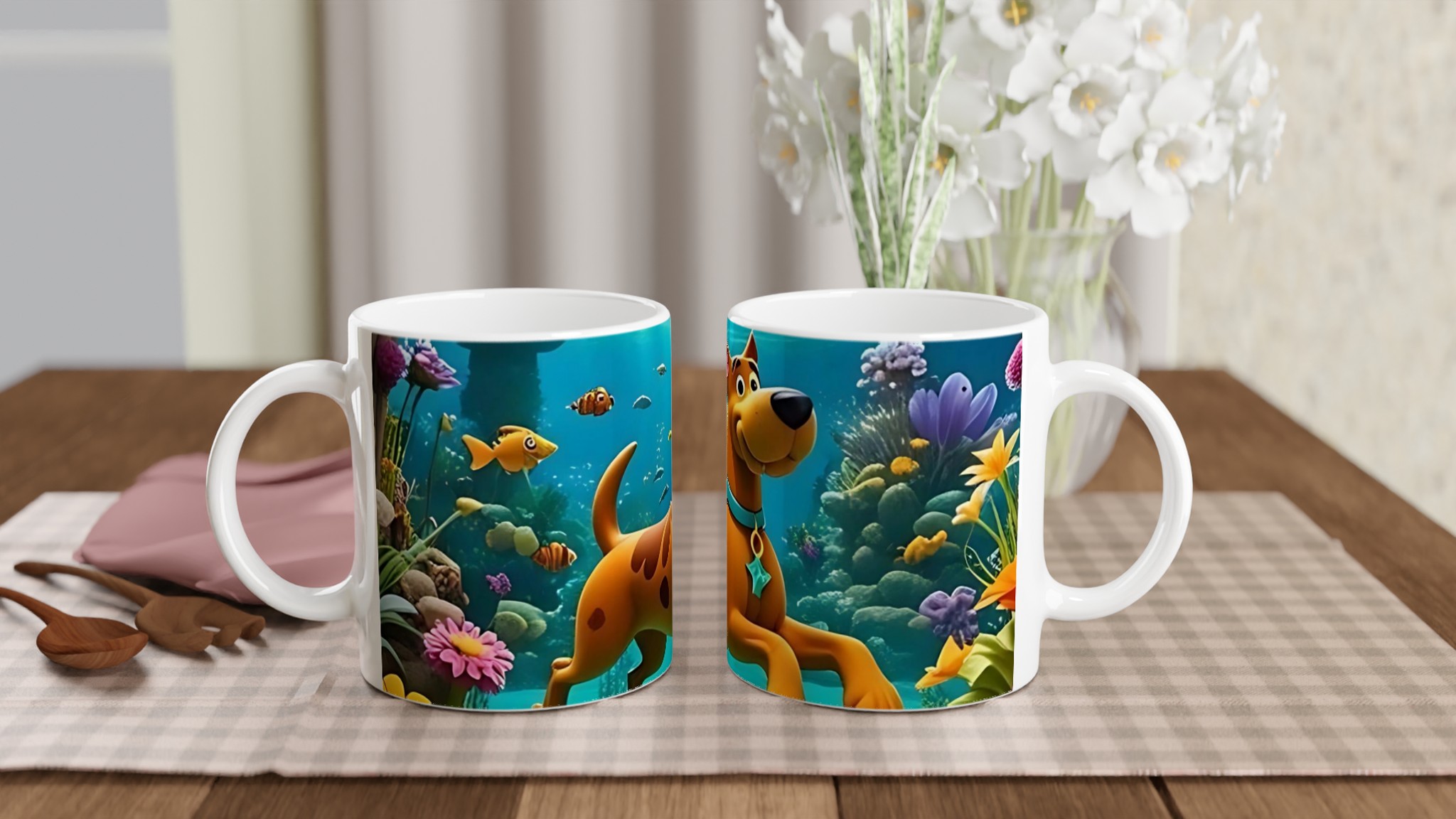 Vit 11oz keramisk mugg med färgsprakande undervattensäventyr och lekfull hunddesign 10 f25a48d7-a535-4542-8442-2231d02c1ad6