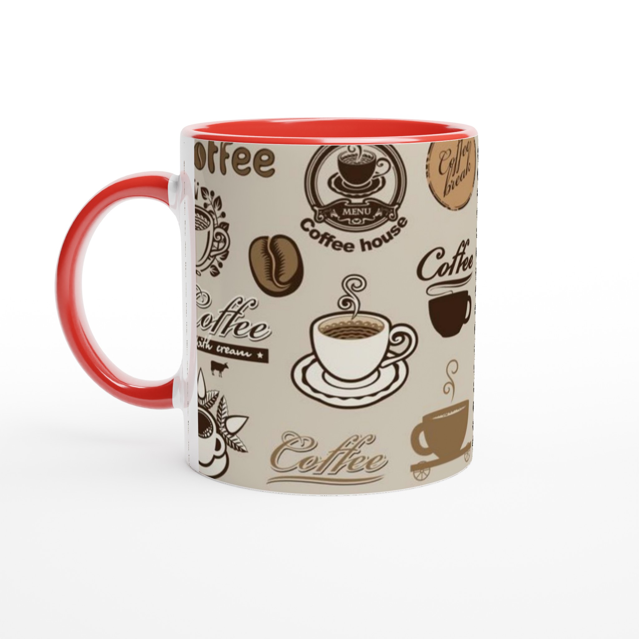Vit 11oz keramisk mugg med klassiska kaffemotiv i bruna toner – välj bland sju färger 5 f27b1a3d-bdcb-4066-90f4-865ee72659f9