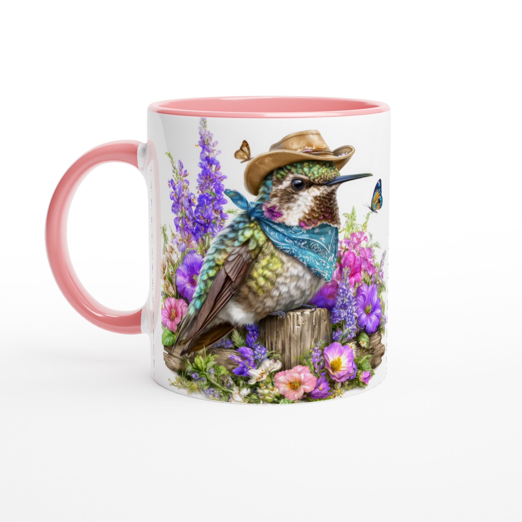 Vit 11oz keramisk mugg med färgstark kolibri i cowboyhatt – välj bland sju livfulla keramikkulörer 6 f28fc9d3-4d66-42b7-880d-bb6b964d229d