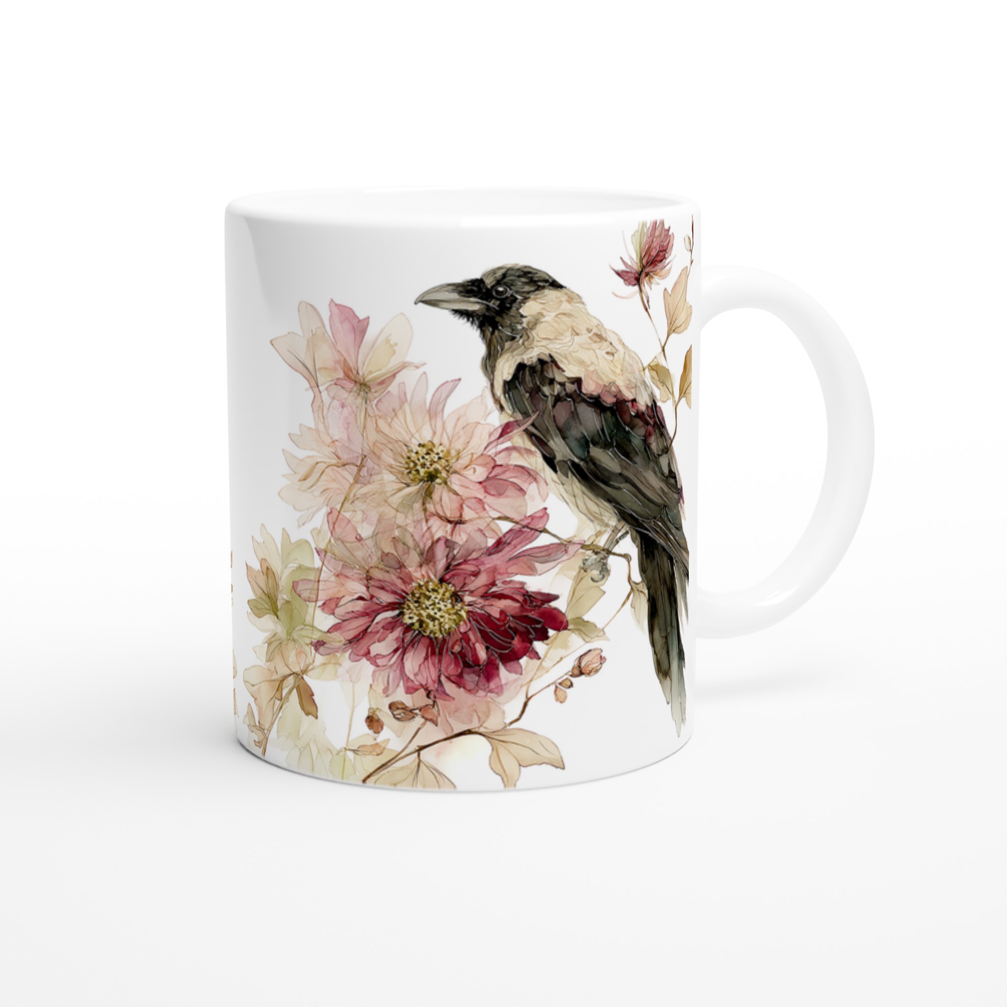 Elegant Vit keramisk mugg med poetisk fågel- och blomdesign i mjuka pasteller 9 f2badae6-5891-4fac-a82d-9568fe77ce7f