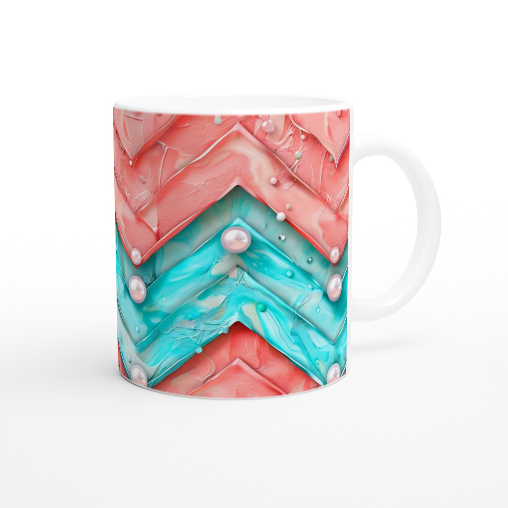 Vit 11oz keramisk mugg med färgstarkt abstrakt mönster i blått och korall 9 f37fd107-08a4-44b7-8b3e-81291fc226aa