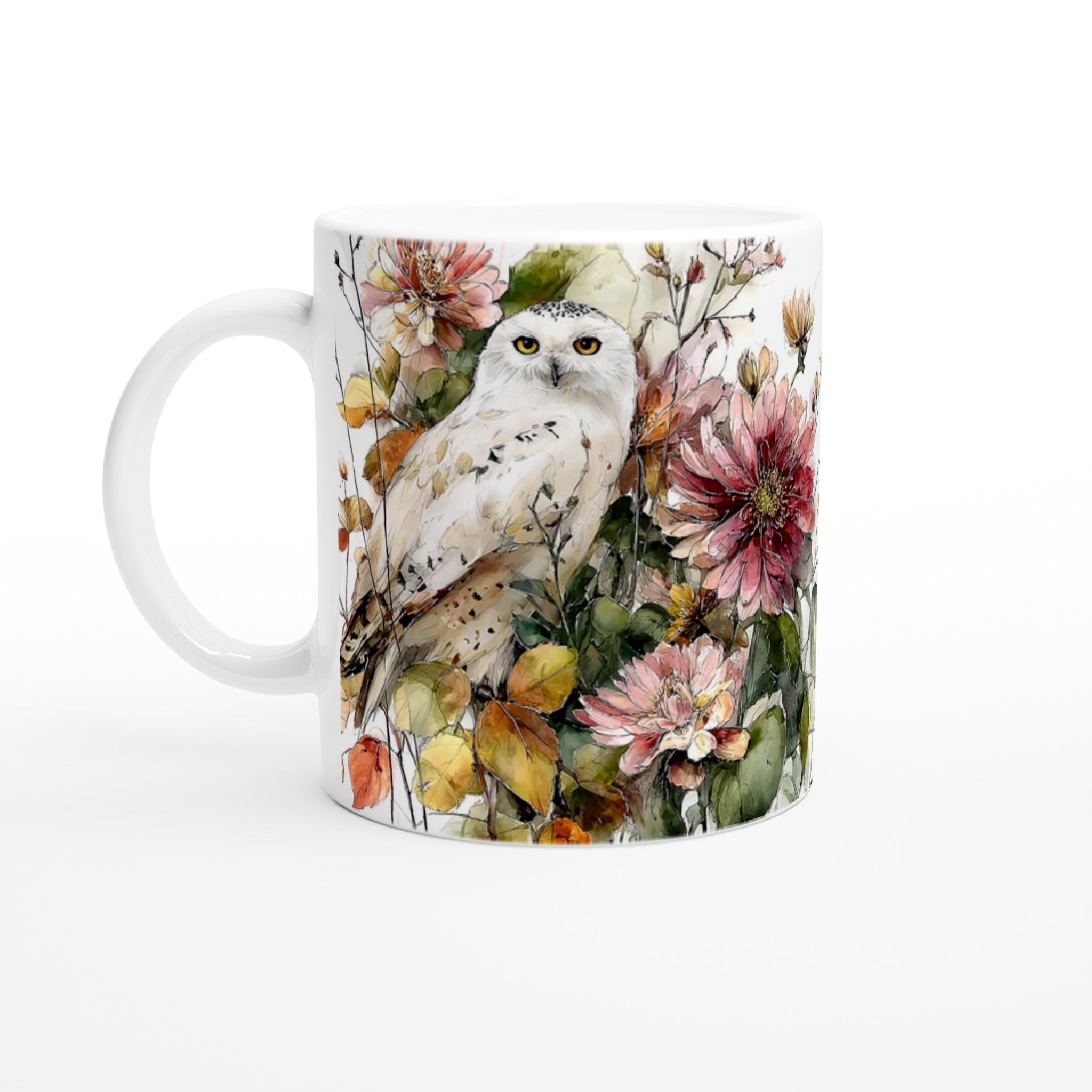 Vit 11oz keramisk mugg med elegant uggla och blommönster – välj din favorit bland sju färger 1 f3da6b5c-6353-4320-949f-f17f75000da6