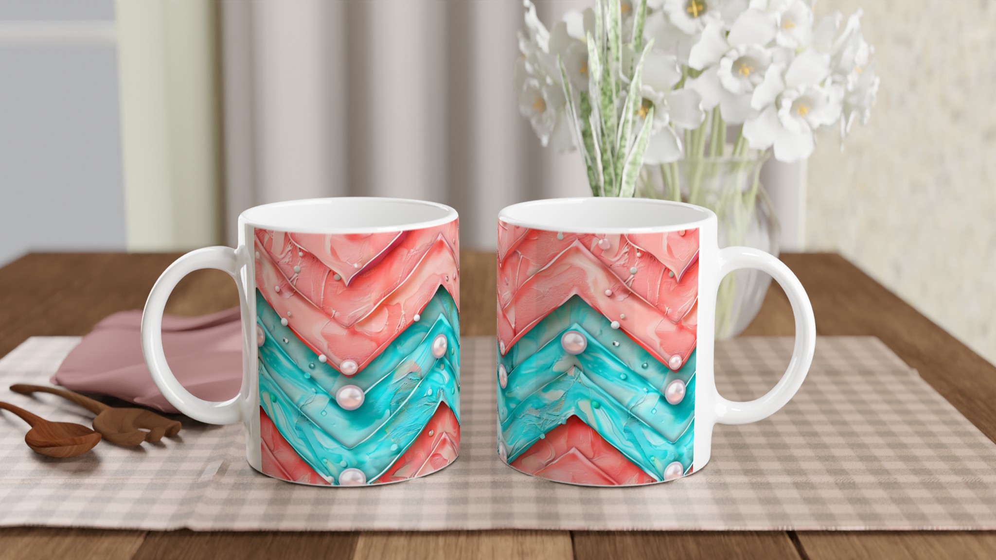 Vit 11oz keramisk mugg med färgstarkt abstrakt mönster i blått och korall 10 f42427f2-23cd-437d-829f-3a47c5cca532