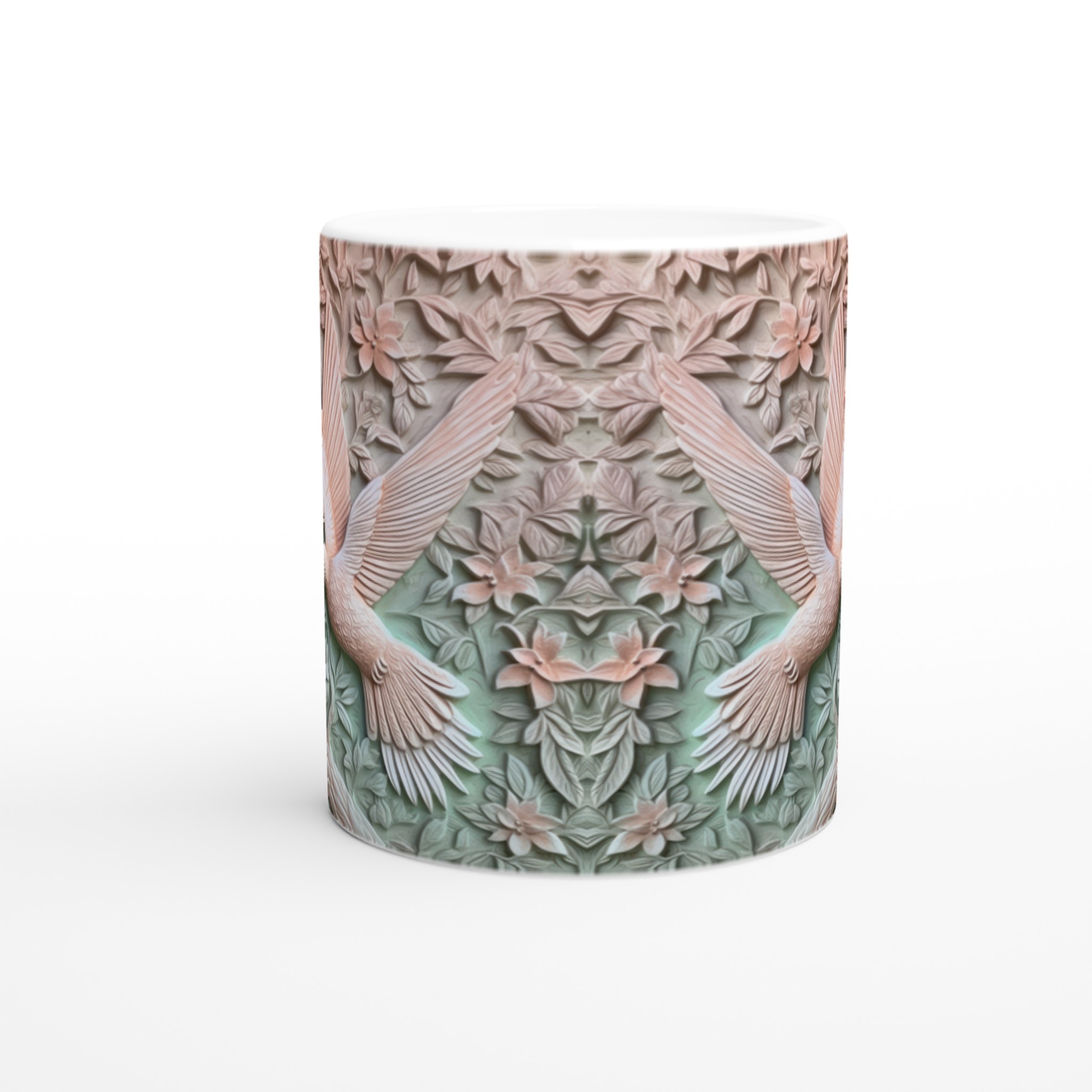 Vit 11oz keramisk mugg med elegant kolibri- och blommönster i mjuka pastellnyanser 8 f43bec19-896c-402f-89f6-35e1c41fbab6