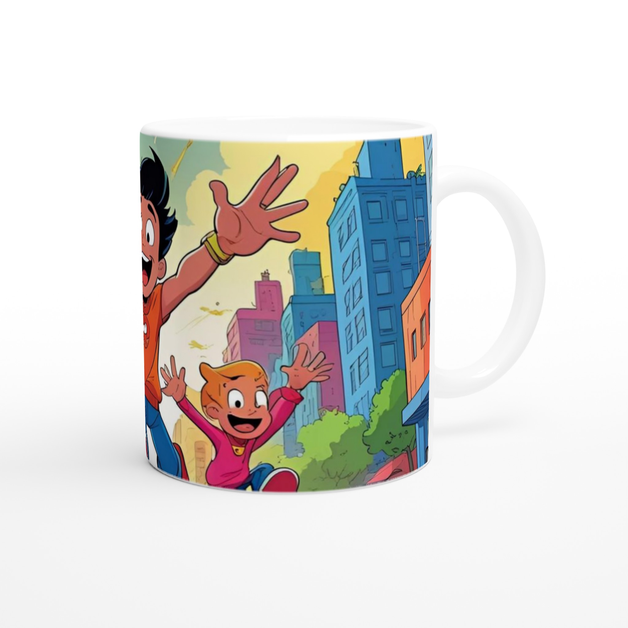 Vit 11oz keramisk mugg med livfulla, lekfulla stadsäventyr – välj din favoritfärg 9 f4496ea3-9cff-4b35-941e-97b9531f9aaf