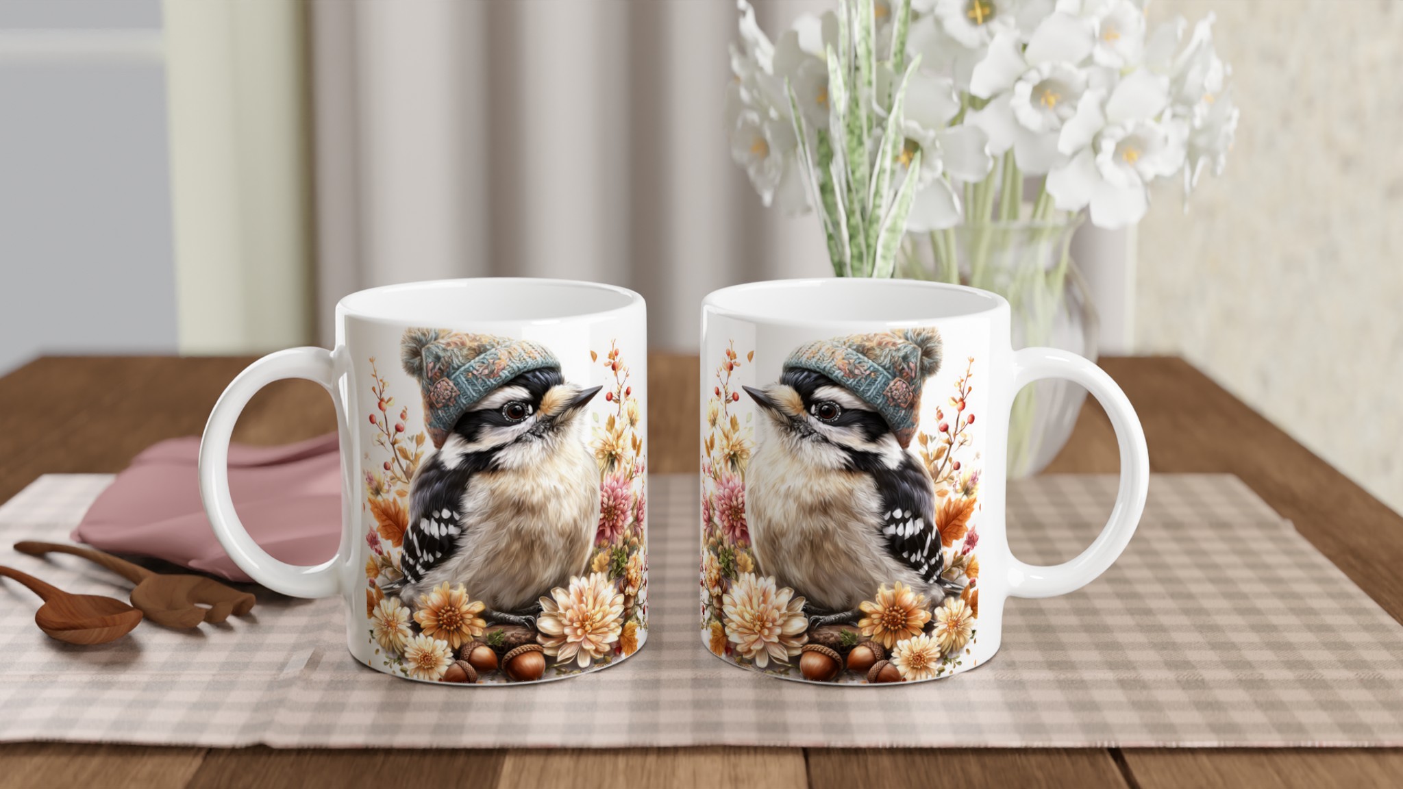 Vit 11oz keramisk mugg med charmigt fågelmotiv och varm höstpalett 10 f4e1b12a-66f8-4ce9-95fc-6178bbf12e07