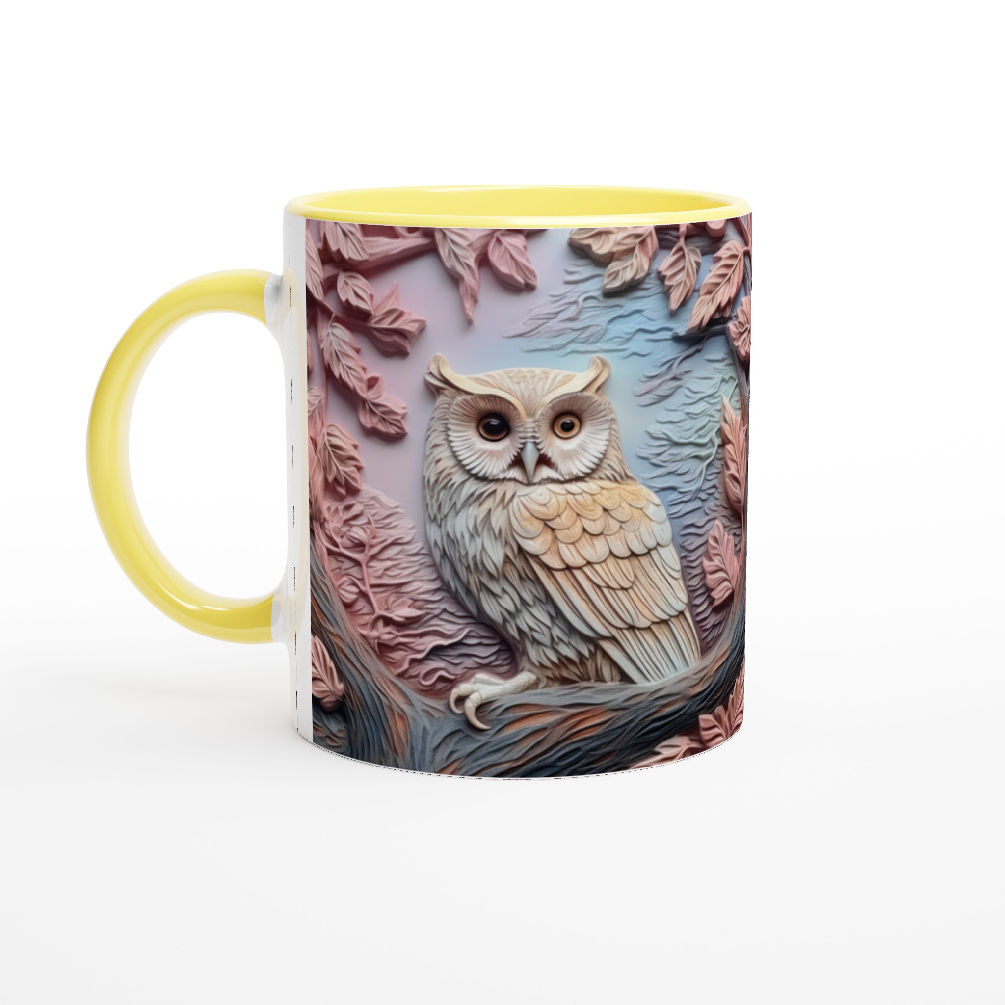 Vit 11oz keramisk mugg med elegant ugglemotiv i dämpade pastelltoner – välj din favoritfärg 3 f51e4207-18cd-44a3-bb38-619b0b5e220f