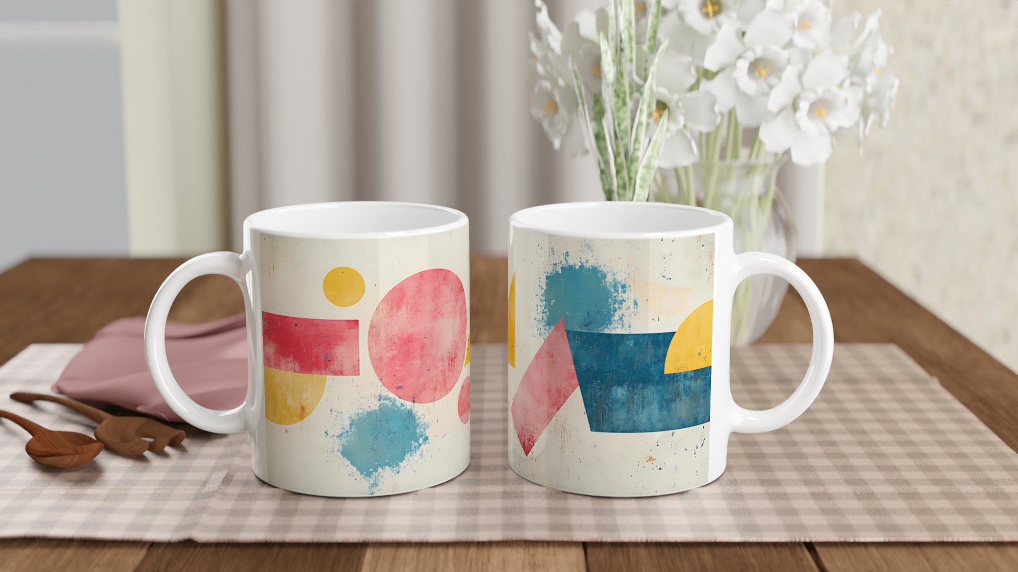Abstrakt Geometri 11oz Keramikmugg – Konstnärlig Färgexplosion i Rosa, Blått och Gult 10 f55eedce-0e4a-4d99-80dd-b114f37ef318