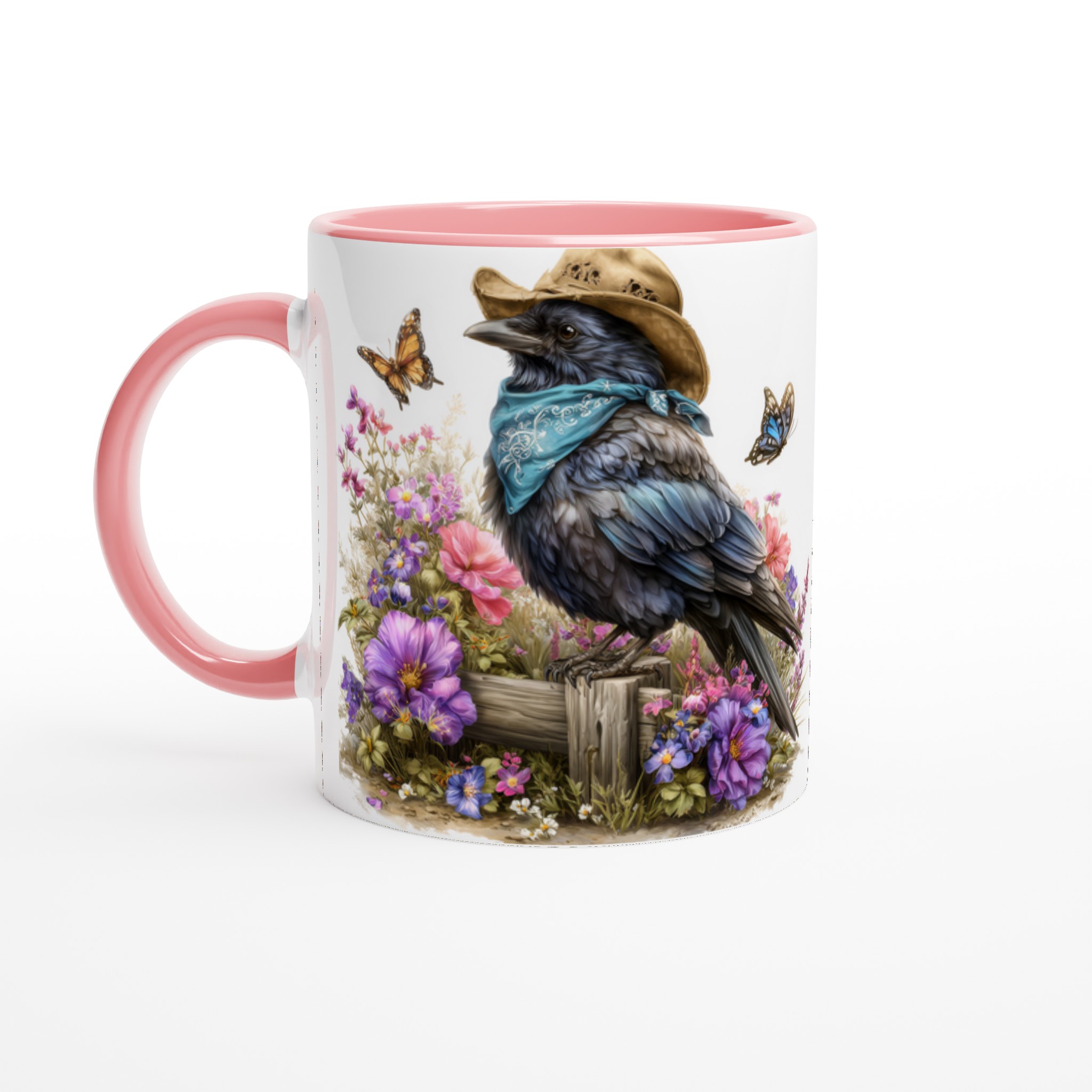 Vit 11oz keramisk mugg med charmig korp i hatt och blomsterprakt – välj din favoritfärg 7 f5b8cc09-091b-48c1-9f32-b55f9ac073bc