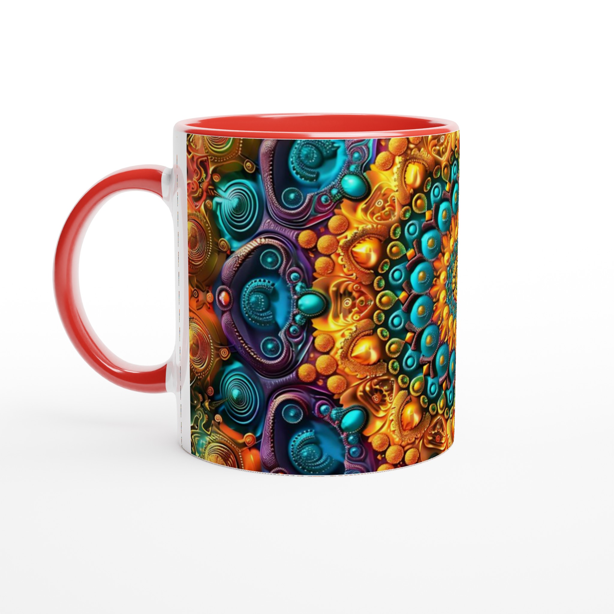 Mångfärgad Hypnotisk Mandala 11oz Keramisk Mugg – Geometrisk Konst i Strålande Guld & Turkos 5 f6cb2669-289a-45c4-b9d7-5513f413174d