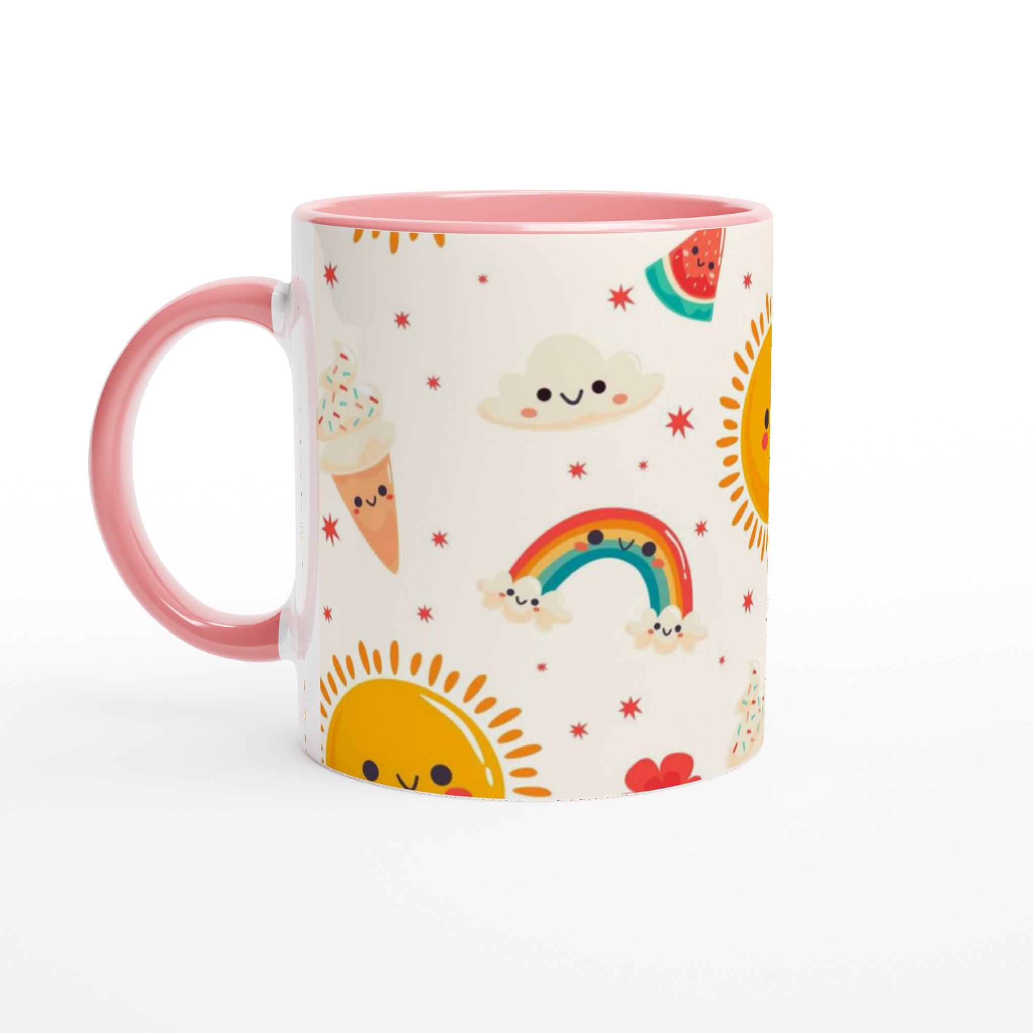 Glad Sommar Mugg – 11oz Keramikmugg med Kawaii Sol, Regnbågar och Glass – Välj bland 7 Livliga Färger! 6 f717f95f-f516-4d46-8937-0125930807a3
