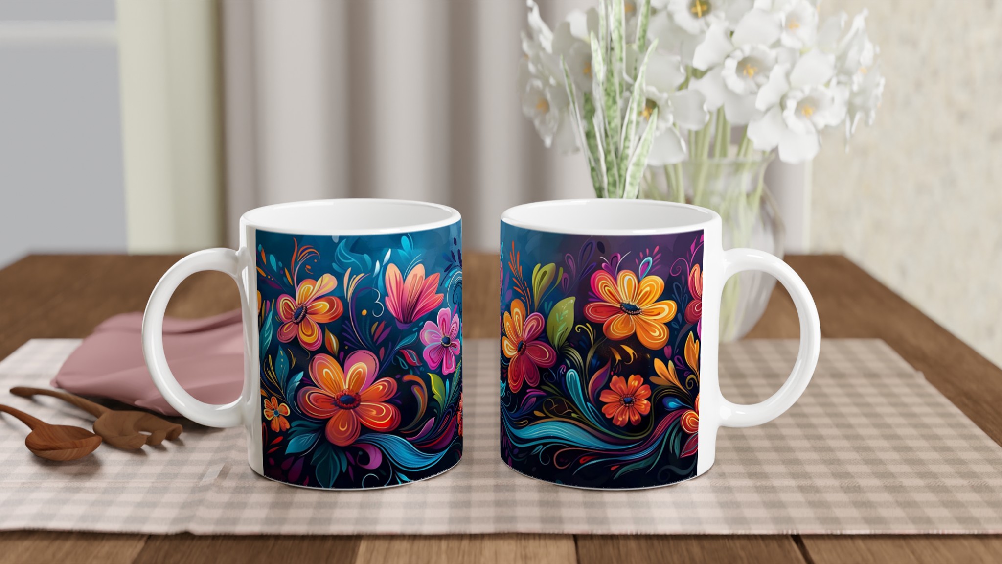 Färgsprakande Blomstermugg – 11 oz Keramisk Kaffekopp med Konstfullt Tryck i Valfri Färg 10 f73b897e-134b-446d-9085-ecd65857c49b