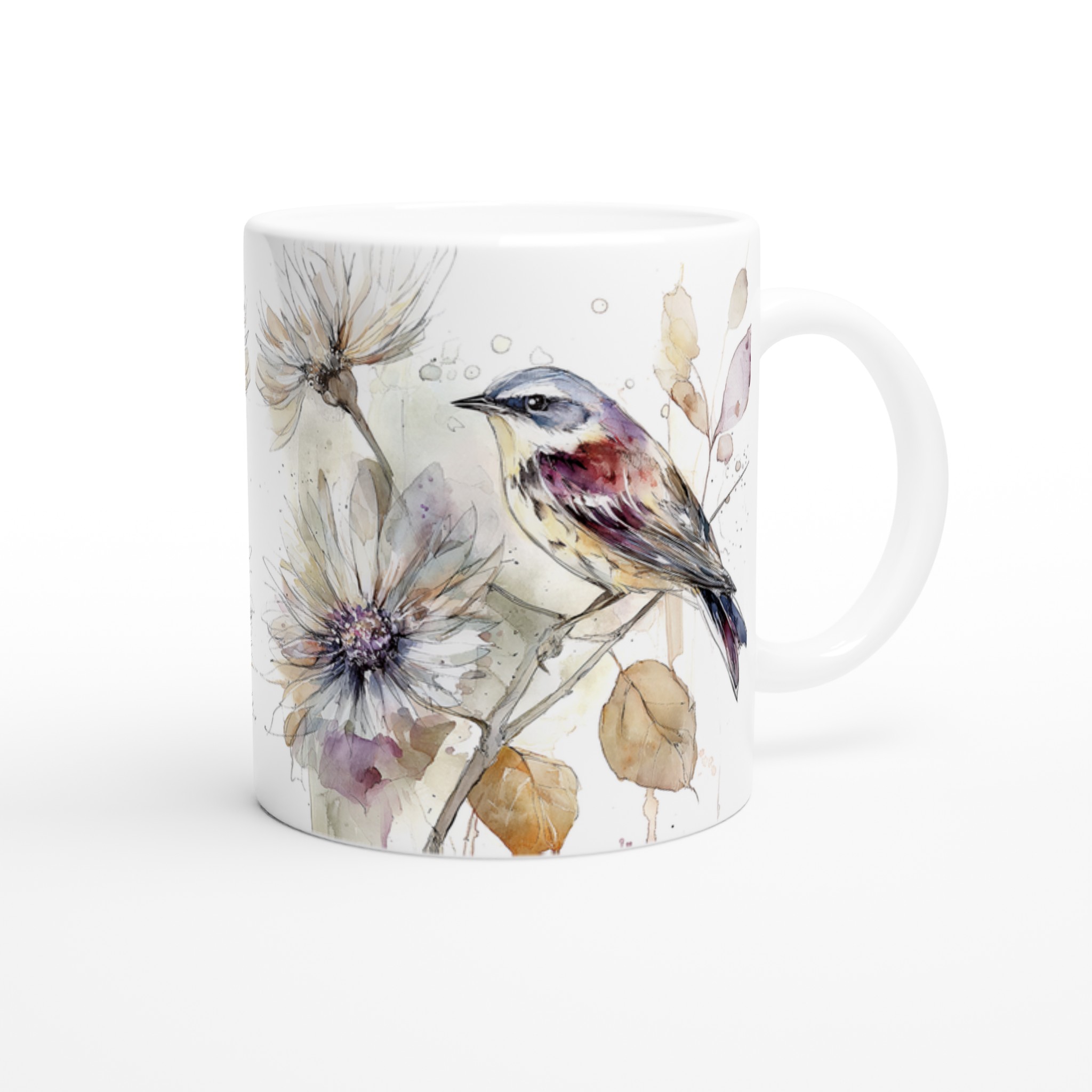Vit 11oz keramisk mugg med elegant akvarellfågel och blommor – välj bland sju vackra färger 9 f7814f51-0f88-4763-b771-53348128dc16