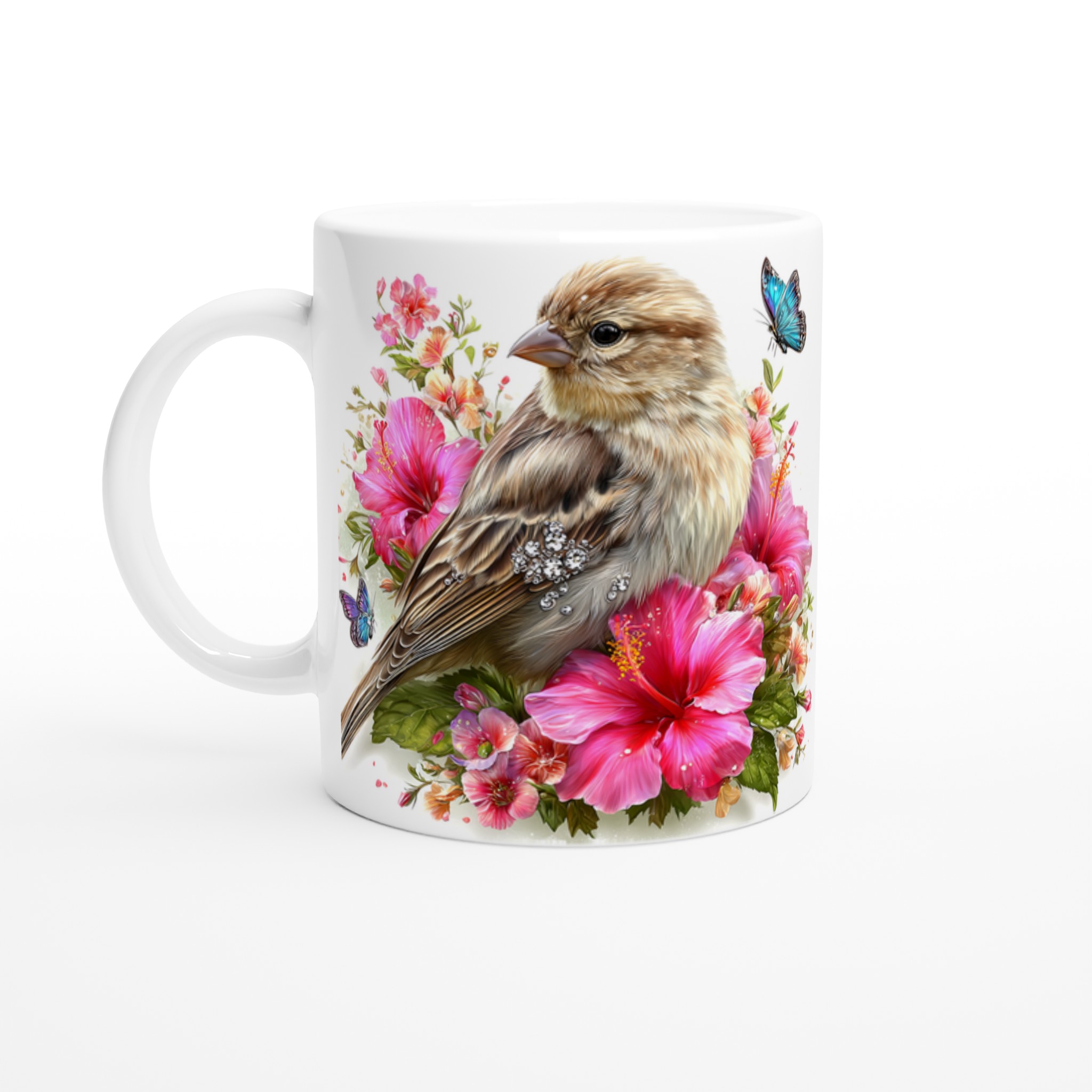Vit 11oz keramisk mugg med naturinspirerat fågel- och blomstertryck i livfulla färger 1 f7a20d71-cd5e-493a-9797-09122fa9cb0b