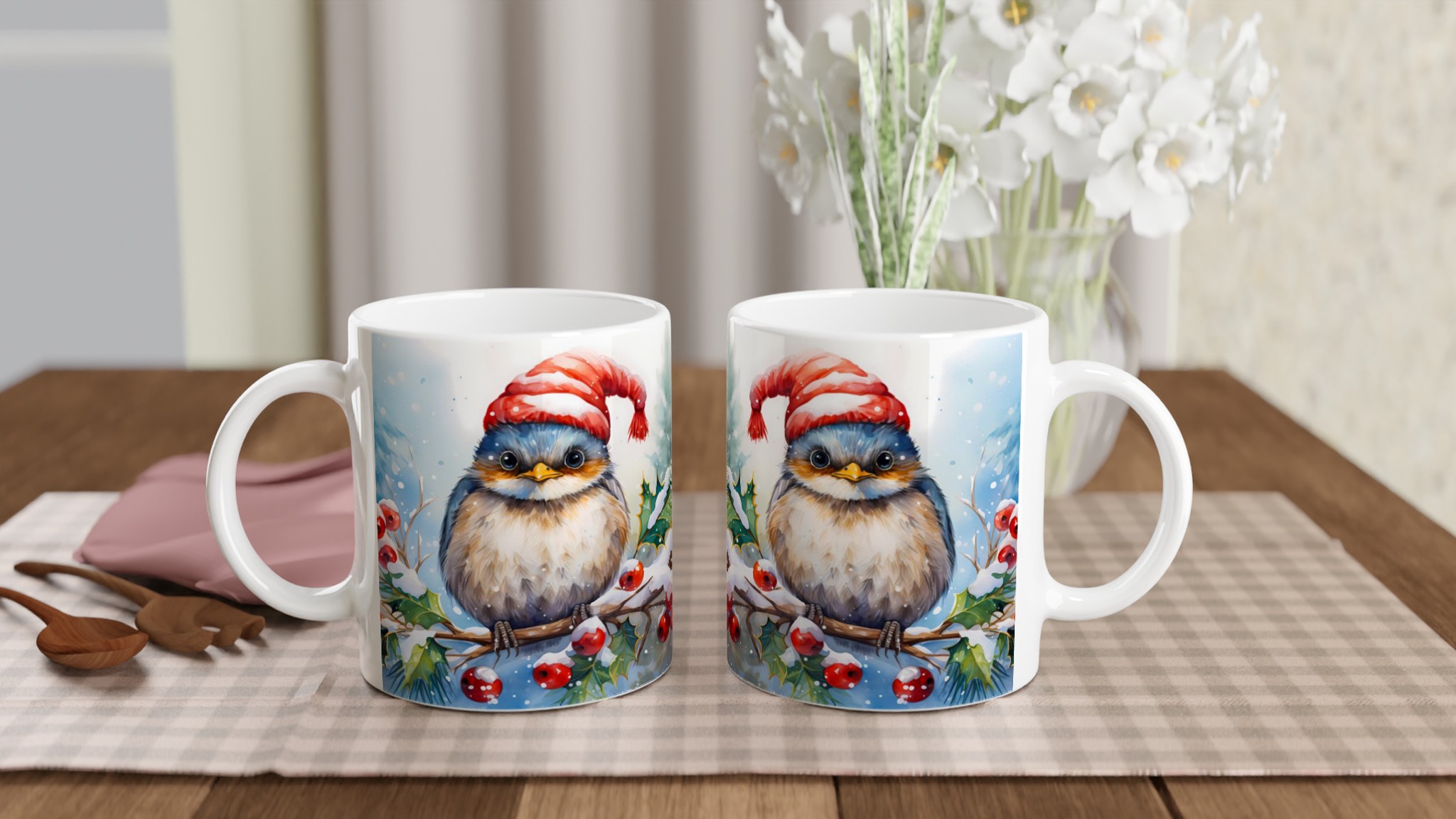 Mysig Julpippi Mugg – Vinterfågel med Tomteluva, Akvarellstil, Flera Färger – 11 oz Keramisk Kaffemugg 10 f820801d-cd29-43d6-a526-69a537036db4