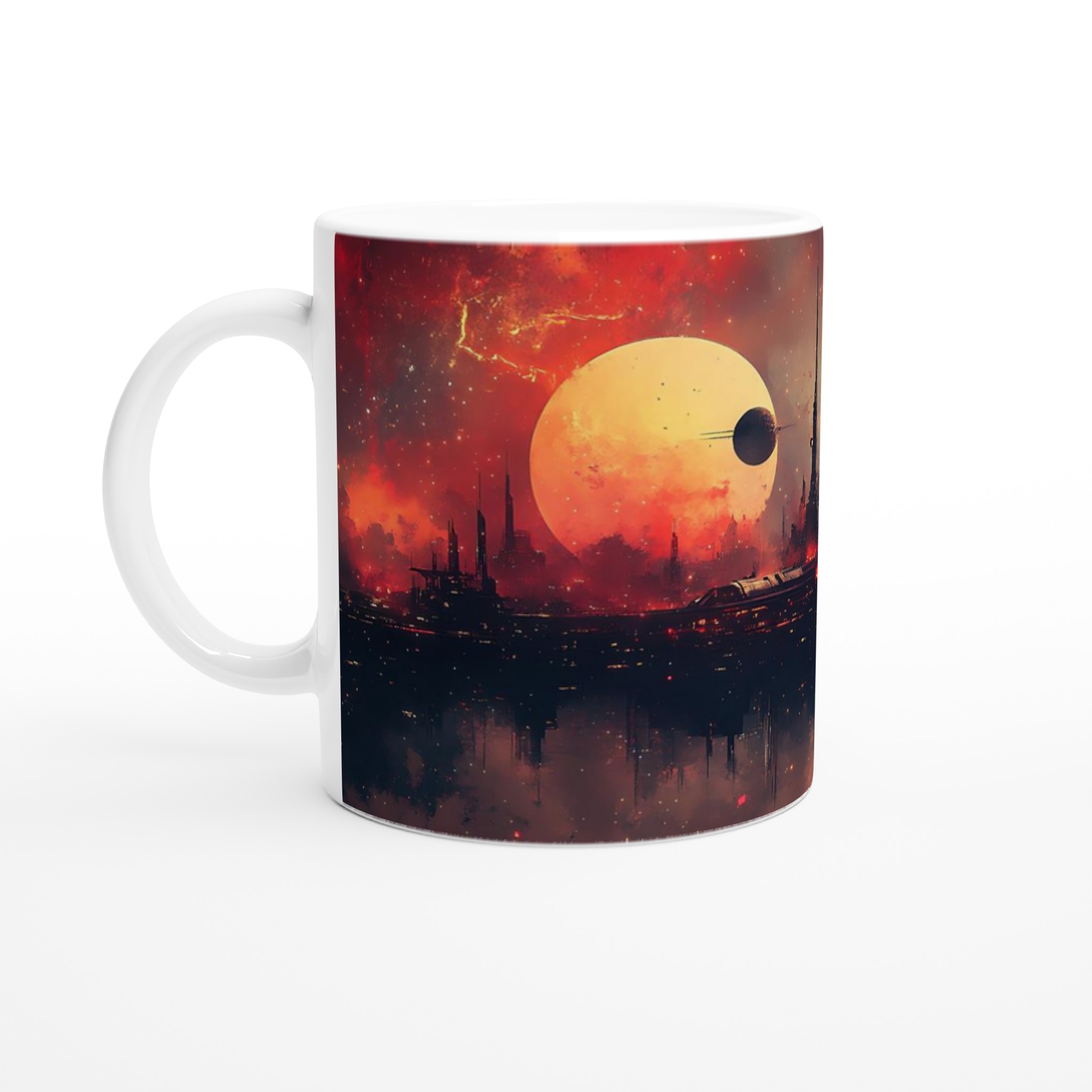 Futuristisk Stadsmugg: Sci-Fi Landskap & Eldig Himmel – 11oz Keramikmugg i Valfri Färg 1 f839d8de-c049-448f-841e-46e30154cc0f