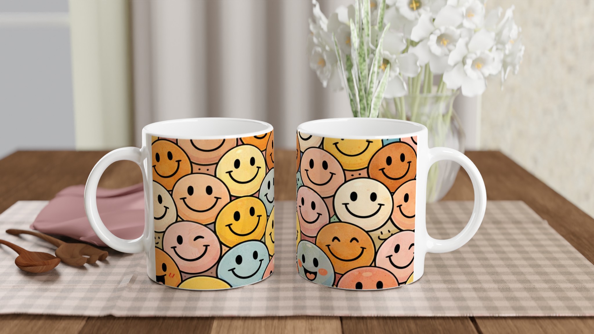 Vit 11oz keramisk mugg med lekfulla smileys i varma pastellfärger – välj din favoritfärg 10 f8aa2e77-9c20-4a9b-990a-3c567a844409