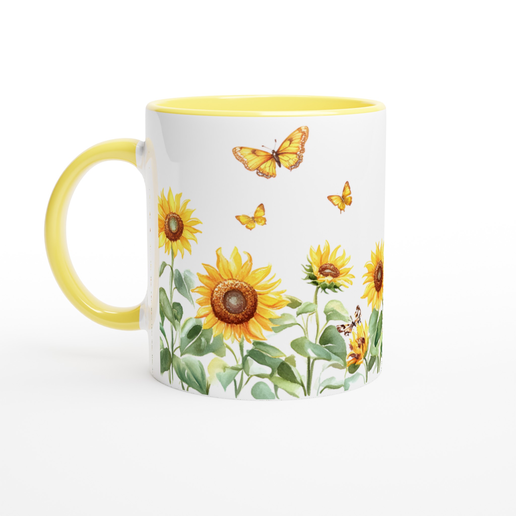 Solros- och fjärilsmugg – Keramisk 11oz kaffemugg i ditt val av 7 färger 3 f8b1871e-1013-42ff-a4f0-a57c14eb13cc
