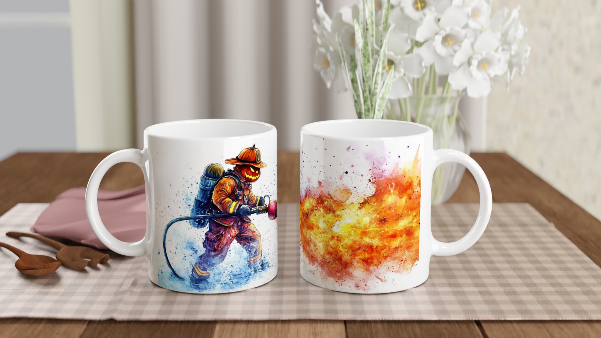 Pumpkin Firefighter Mug: Spooky Hero Watercolor Art in Your Choice of 7 Vibrant Colors 10 f8b893ea-d512-4887-810b-f19aab504bad