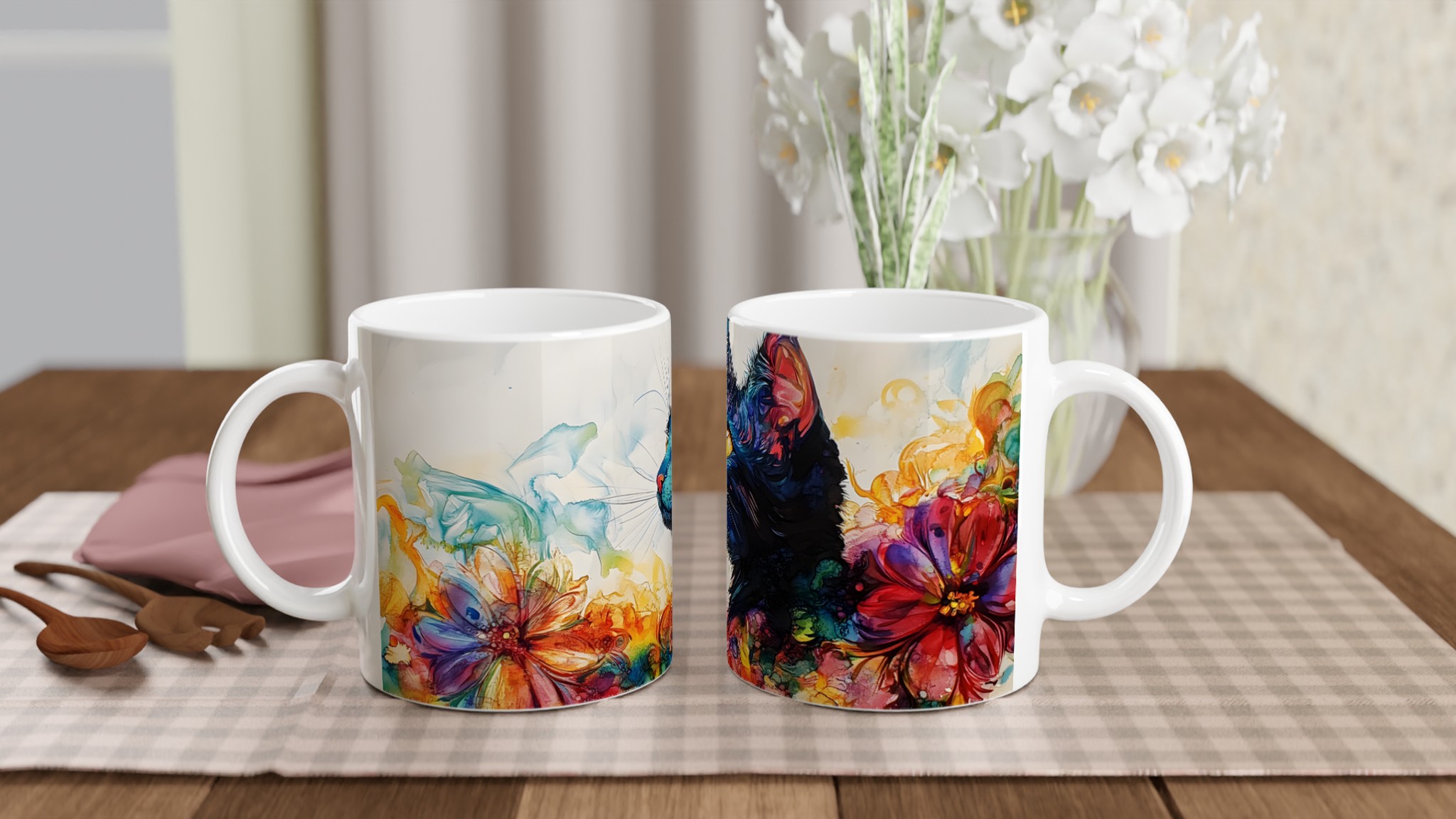 Färgsprakande Katt & Blommor Keramikmugg – Välj din favoritfärg! 10 f92a490a-d0bc-4bb4-a302-305774aec894