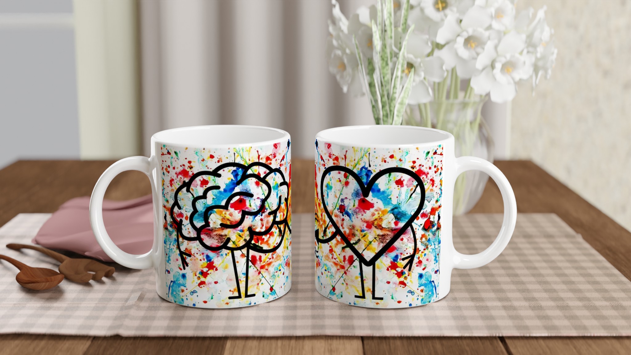 Vit 11oz keramisk mugg med färgsprakande kreativt hjärta & hjärna-motiv i flera färger 10 f95cb42e-165d-4211-ab4f-f74d5fa6ff77