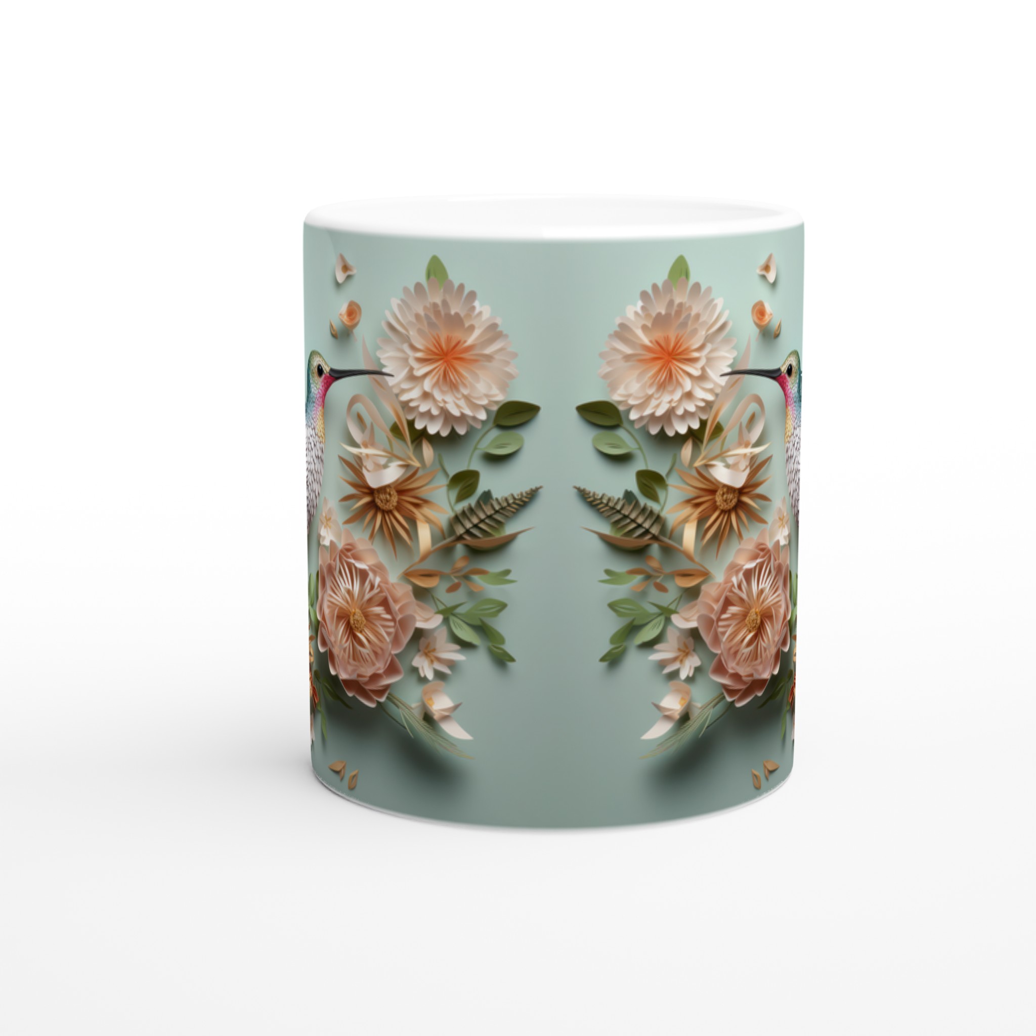 Vit 11oz keramisk mugg med elegant kolibri- och blomstertryck i mjuka pastelltoner 8 f96f8d56-f9ea-471f-955b-f173b4244a4a