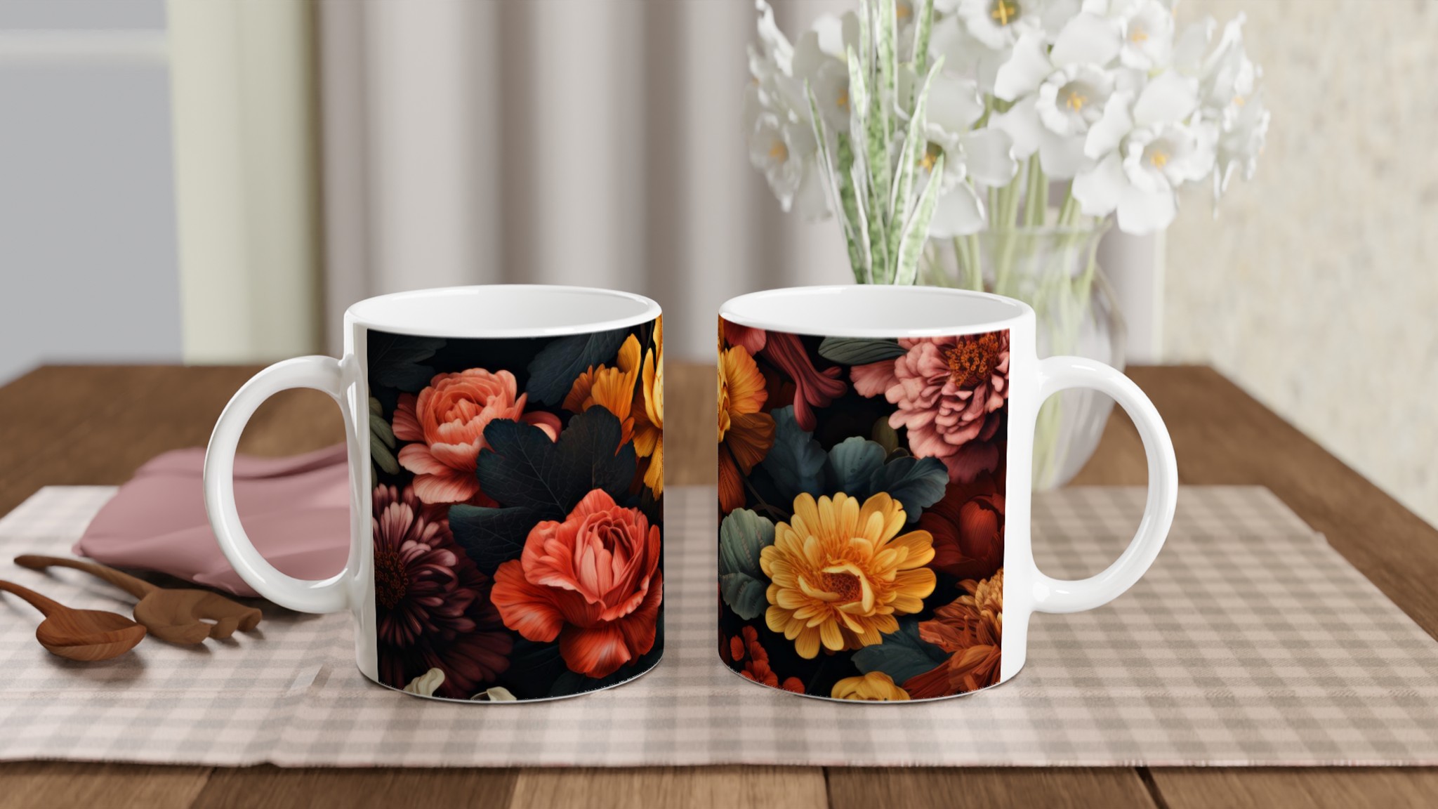 Vit 11oz keramisk mugg med djärva, blomsterinspirerade färger i din valda kulör 10 f9cf2612-b7d3-41e9-a50a-e5a1cab9ea1f