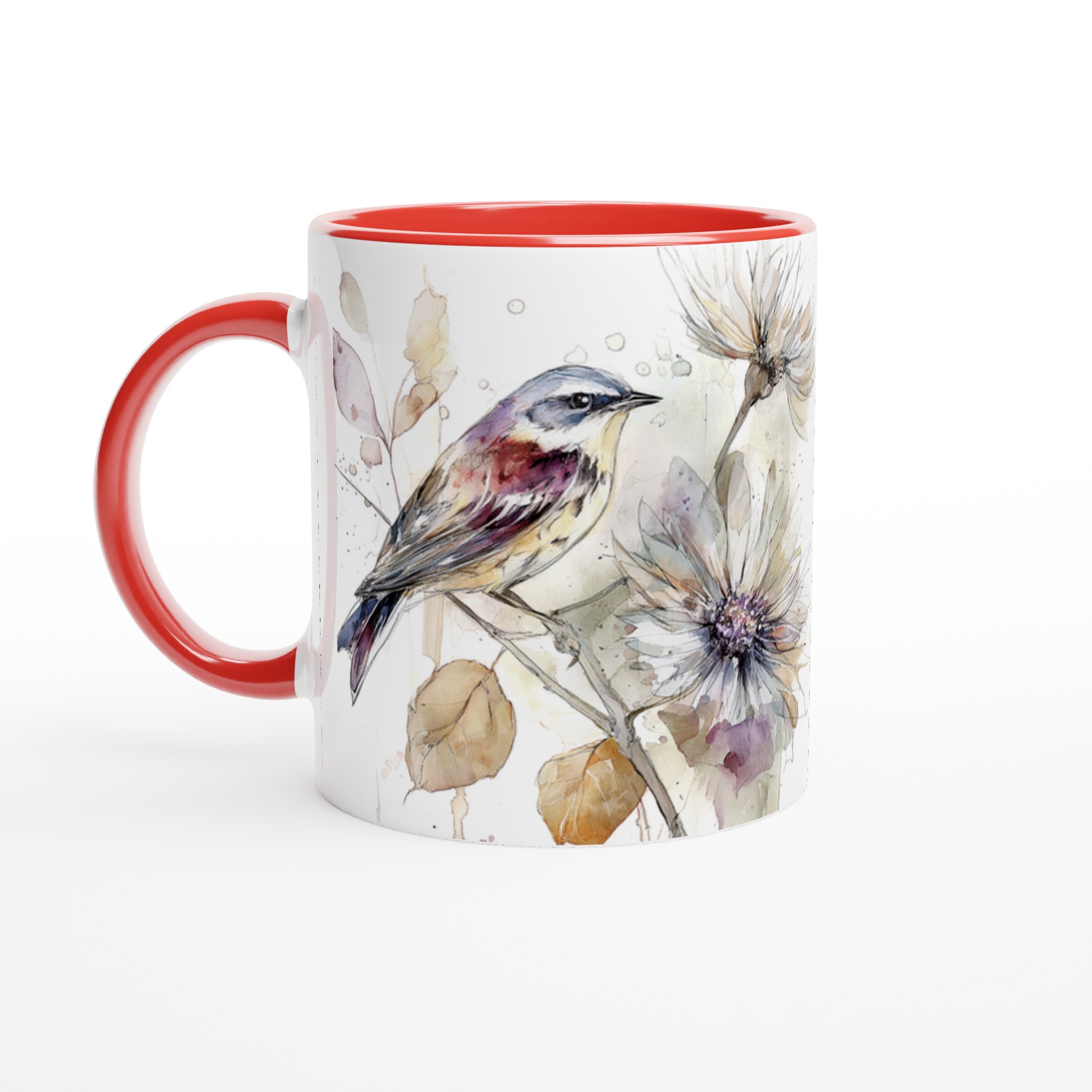 Vit 11oz keramisk mugg med elegant akvarellfågel och blommor – välj bland sju vackra färger 5 f9d705d3-9e0d-407e-b4e6-ab22913edcfc