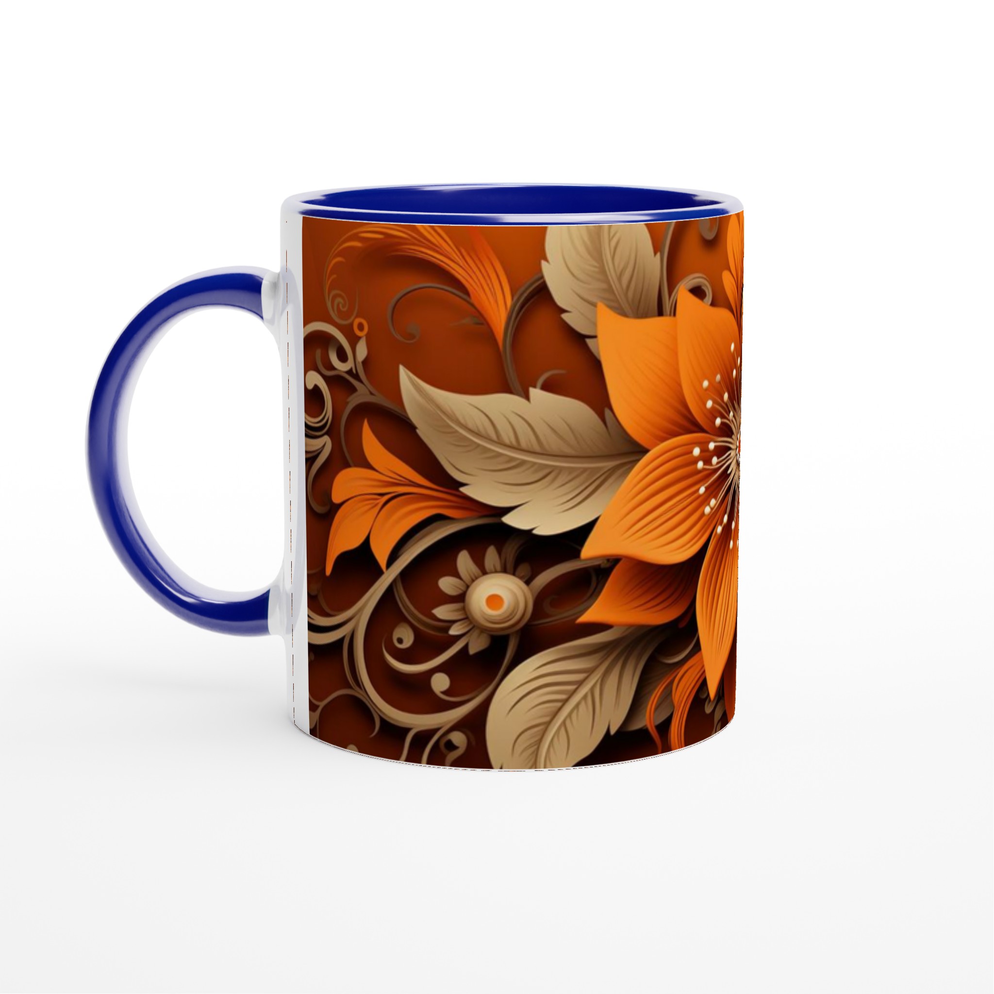 Vit 11oz keramisk mugg med sofistikerat blomstertryck i varm orange och beige 2 fa228e16-f784-477e-a5c0-0ecc7528e301