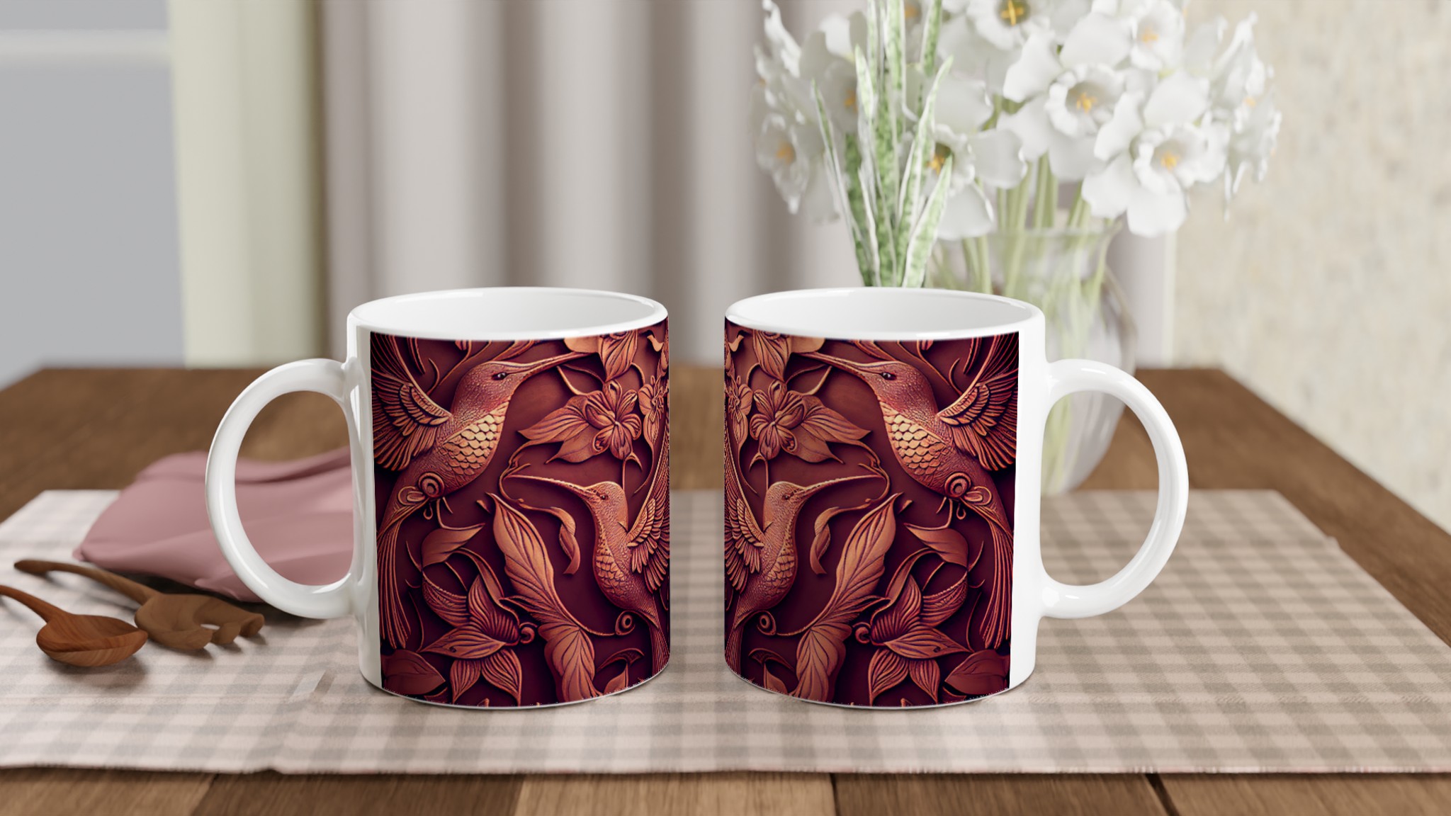 Vit 11oz keramisk mugg med exklusivt kolibri- och blomstermotiv i förtrollande jordtoner 10 fa63811e-0a78-448c-b57d-ded080d87436