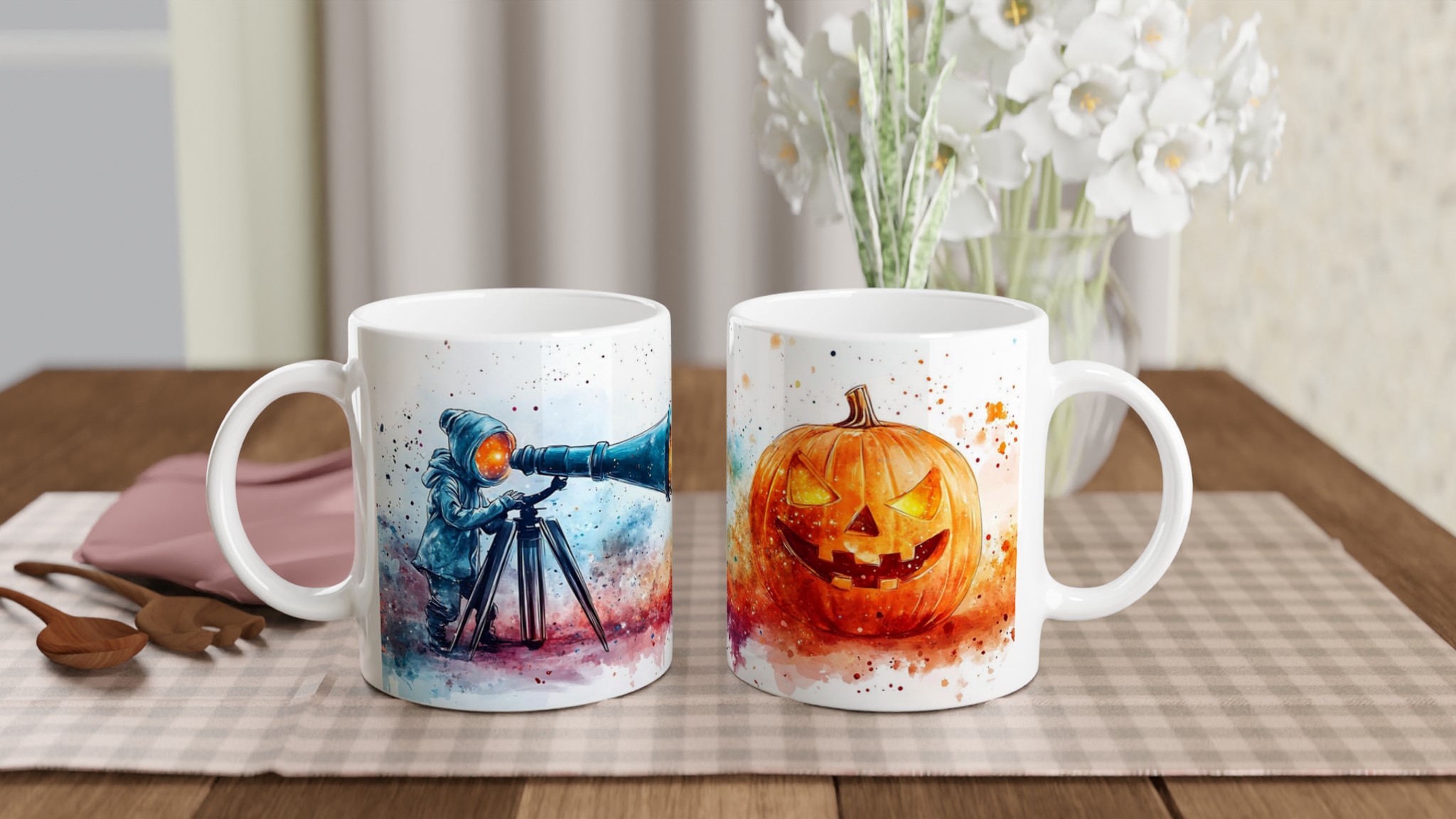 Mystisk Halloween Mugg: Barn med kikare & Lysande Pumpa – Vattenfärgsstil Keramisk Mugg 10 fb524013-fc41-4d7c-85e8-21d156f303ef
