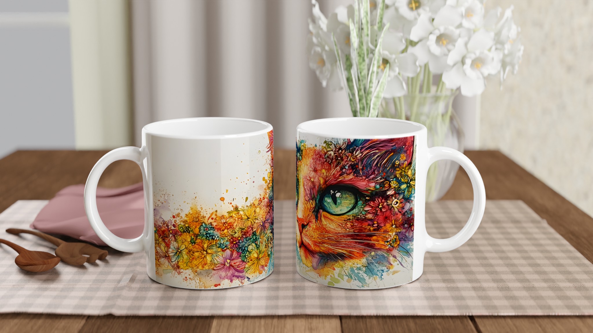 Vit 11oz keramisk mugg med färgstarkt blomstrande kattmotiv – välj din färgstil 10 fb730c3c-4efa-423b-8cfd-7ad40b504571