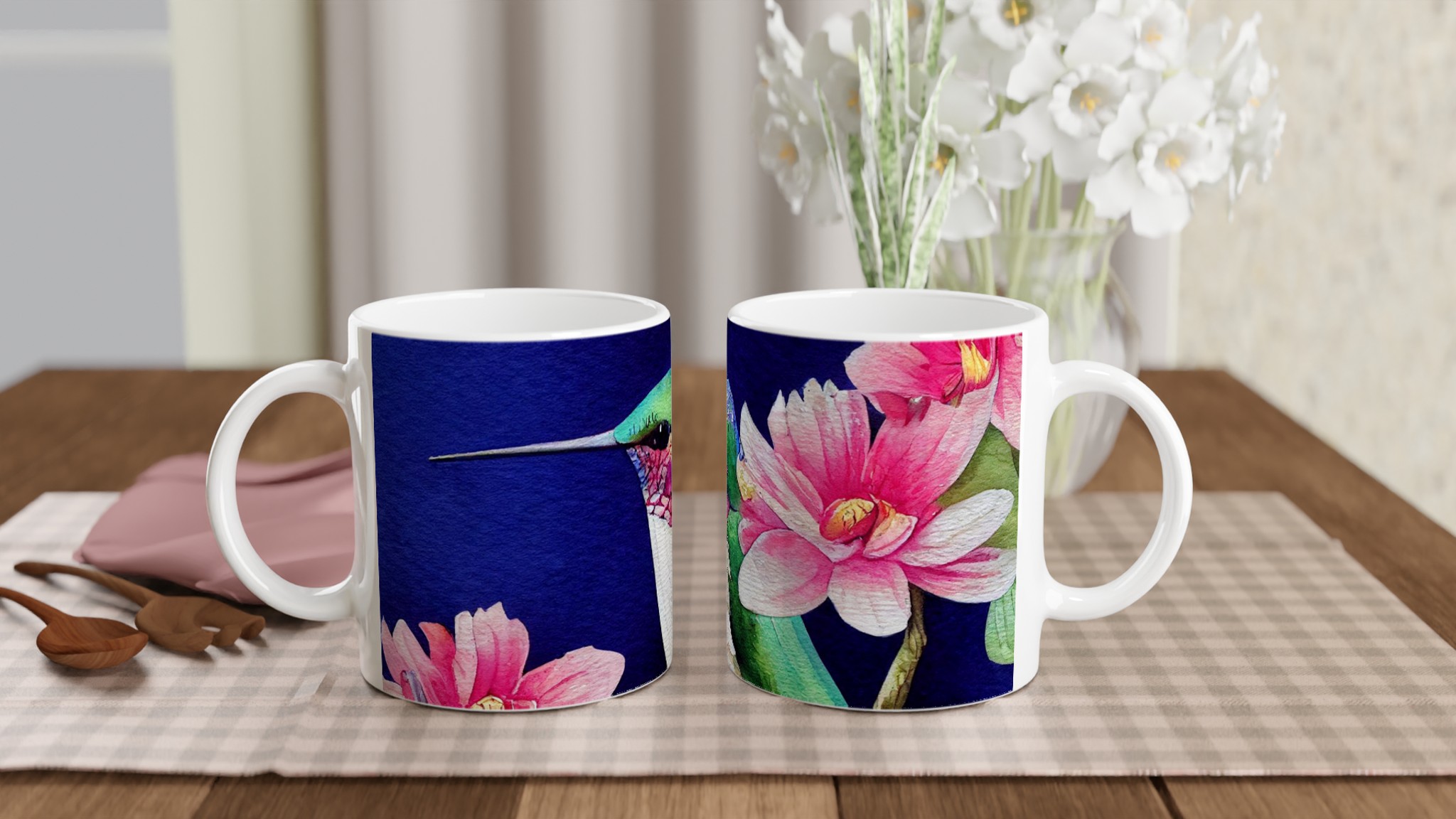 Vit 11oz keramisk mugg med färgstarkt kolibri- och blomtryck i ditt val av sju unika keramfärger 10 fc7cd89b-0534-4480-94f0-c209ff50998a