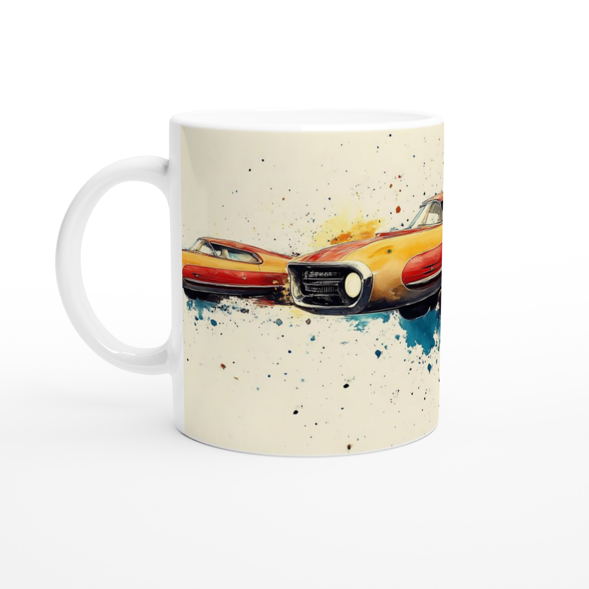 Retro Racing Art Mugg – 11 oz Keramikmugg med Dynamiskt Bildtryck i Flera Färger 1 fca58ab3-1c4b-4358-8ef0-26f420104f81